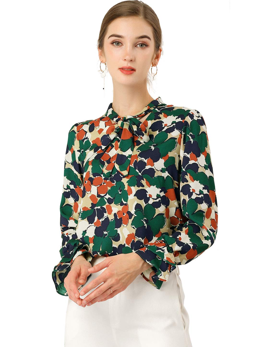 Allegra KWomen's Long Sleeve Blouse Floral Tie Neck Chiffon Ruffle Trumpet Top