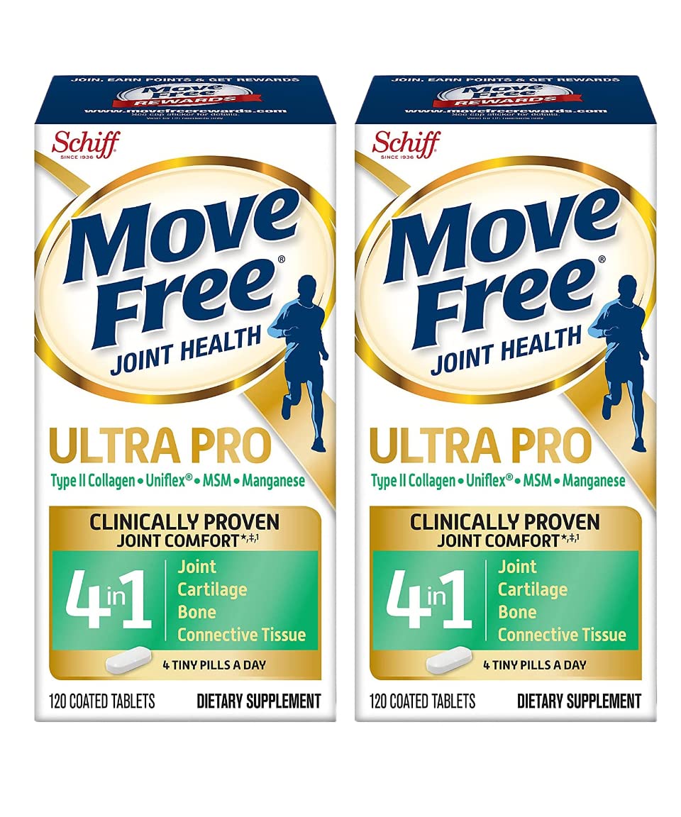 Move Free Ultra Pro with Quadruple Action Joint Support - Type 2 Collagen MSM Calcium Fructoborate & Manganese - Supports Joint Cartiliage Bone Connective Tissue, 120 Tablets (30 servings) (Pack of 2)