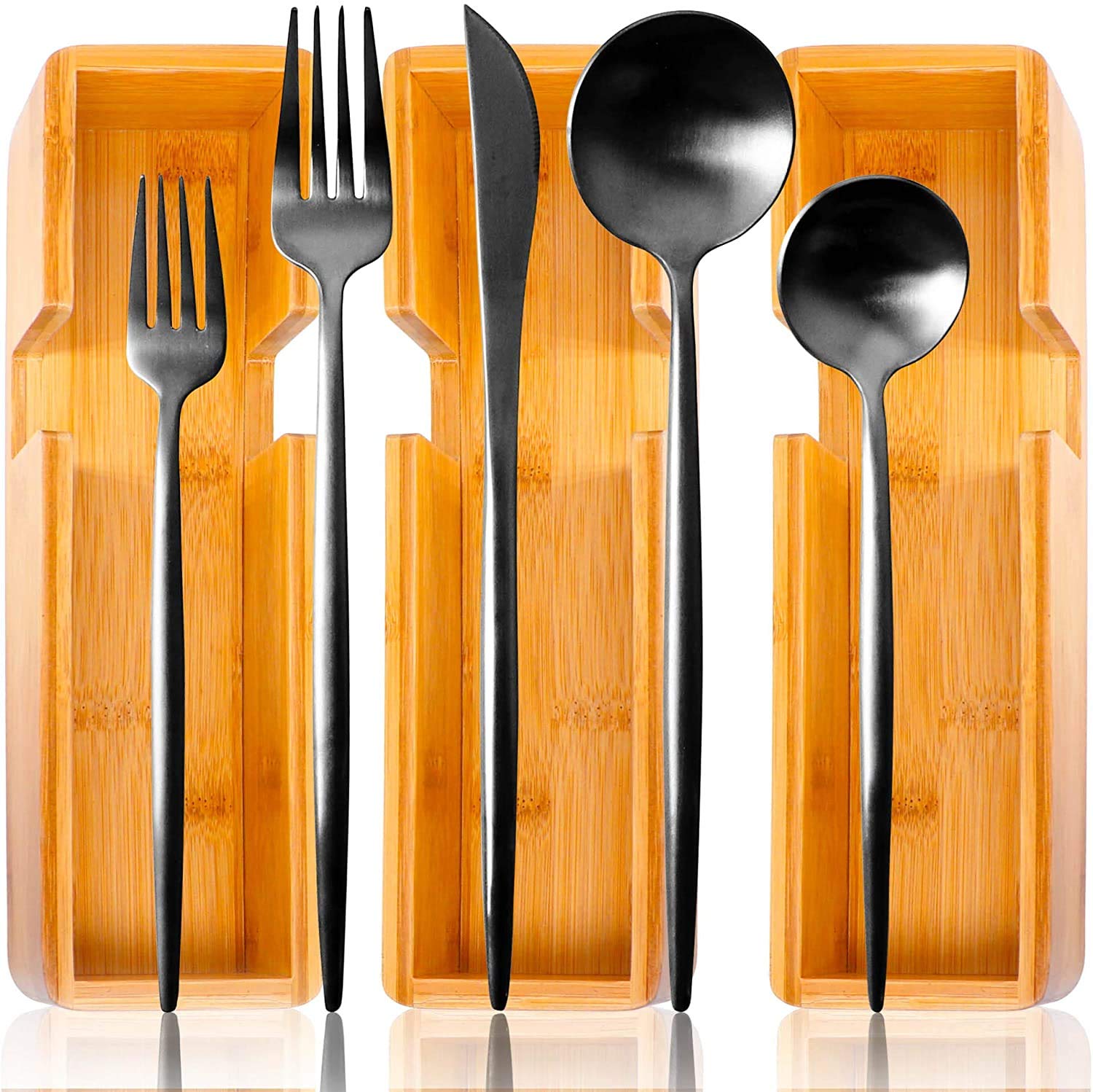 Matte Silverware Set, KYONANO 20 Pcs Stainless Steel Satin Finish Flatware Set Service for 4 with Bamboo Organizer, Kitchen Utensil Set, Tableware Cutlery Set for Home and Restaurant, Matte Black