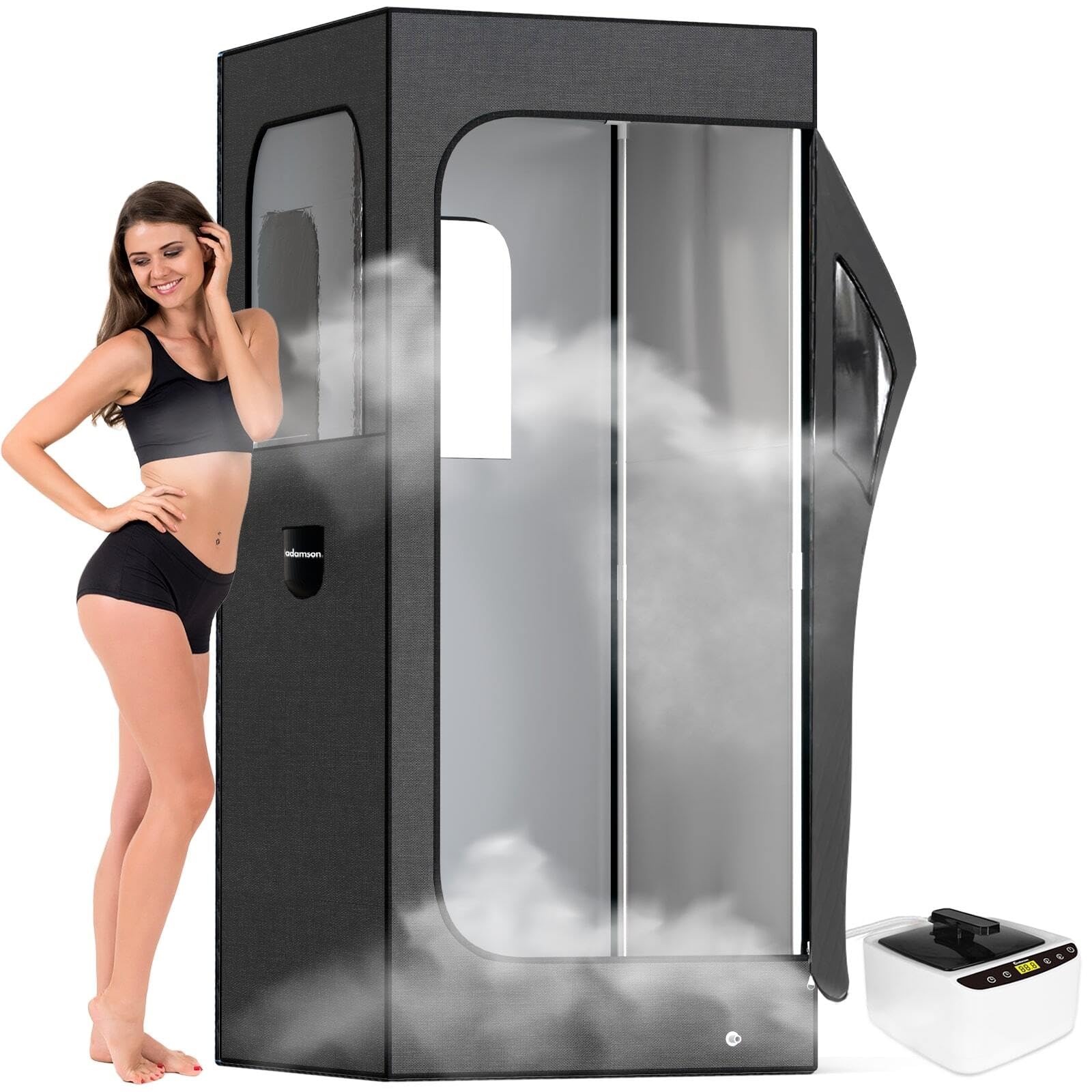 AdamsonFull Size Portable Steam Sauna - Indoor Sauna Tent for Home Spa Relaxation + Boost Health and Recovery + 2.6L 1000W Steamer + Chair + Remote + Foot Massager - New 2024 - Nylon Black