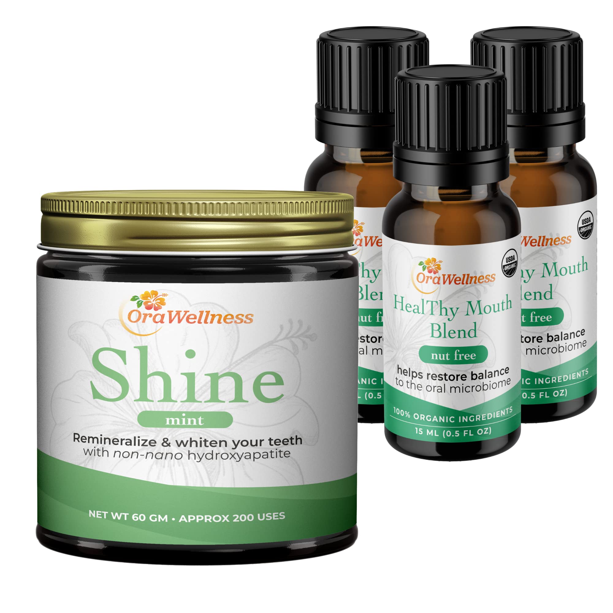 OraWellness Shine Remineralizing Natural Teeth Whitening Powder in Mint + Nut Free Healthy Mouth Blend Organic Toothpaste & Mouthwash Alternative Tooth Oil, Pack of 3