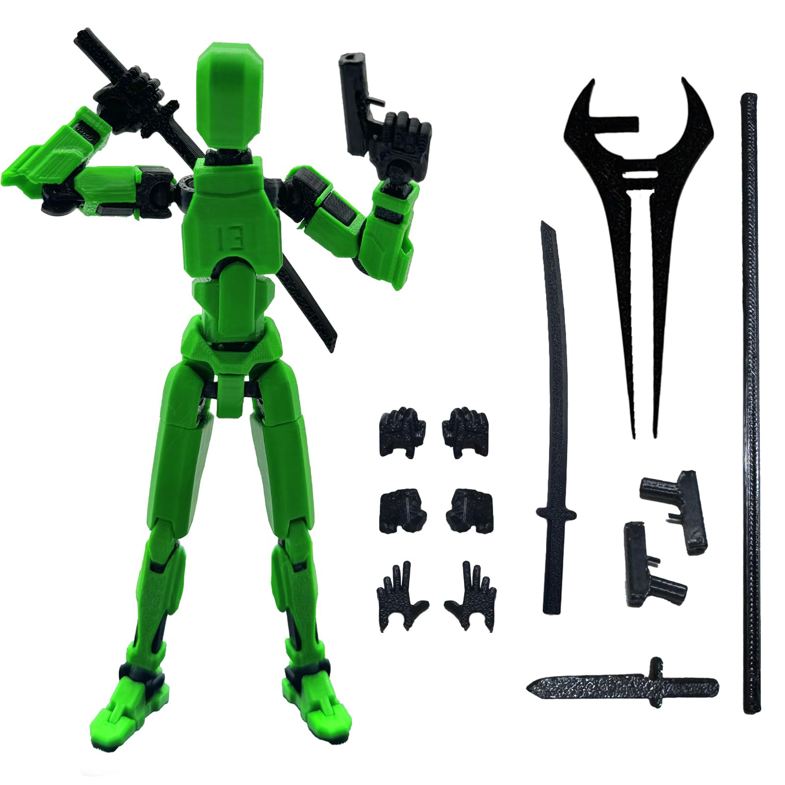 QAONIE (Assembly Completed) 3D Printed 5.54-inch Movable Robot T13 Action Figure Dummy13, Full Body Mechanical Doll, Hand Painted Figures, Desk Decoration, Creative Gifts (Green)