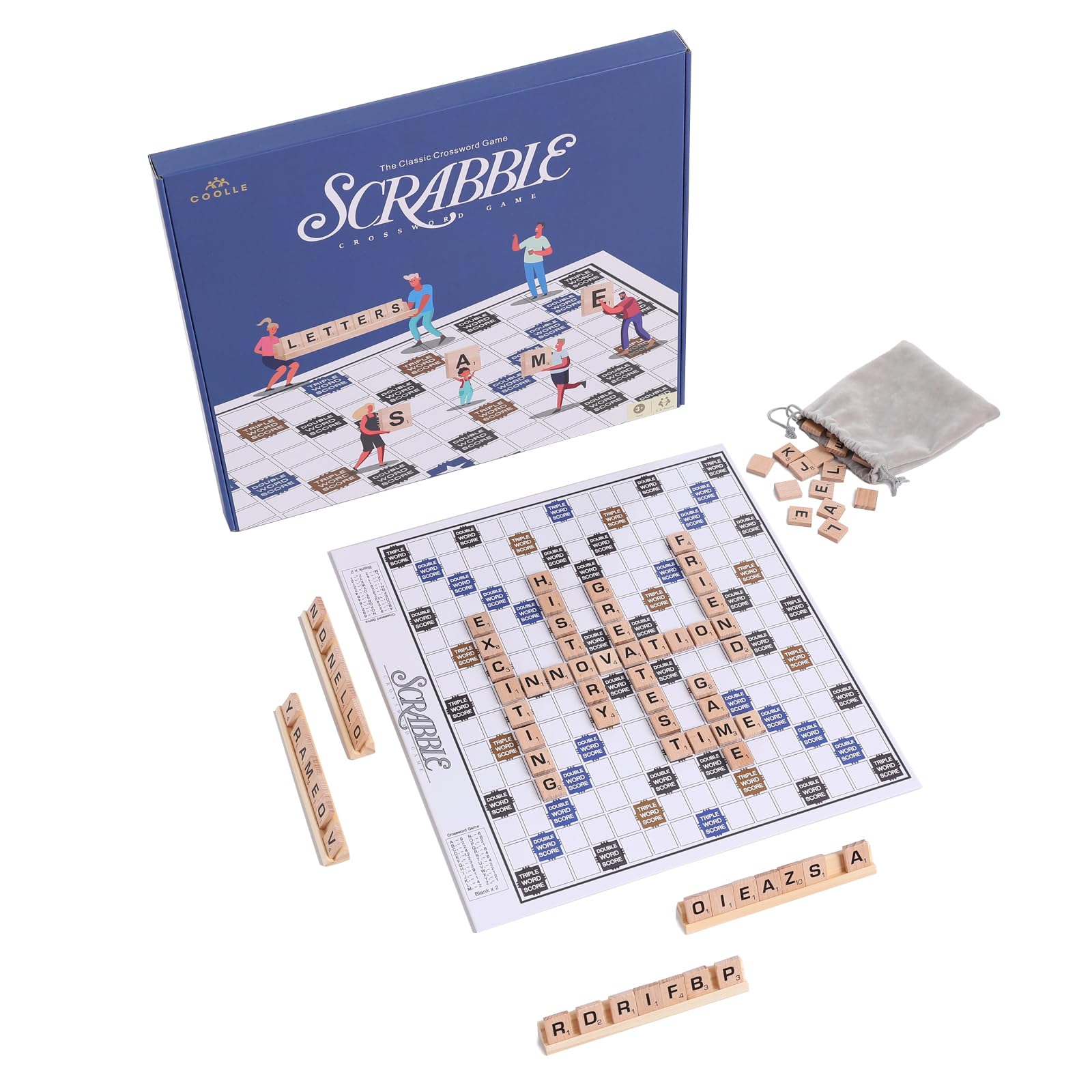 Crossword Board Game Classic Original Wooden Tiles Racks for Scrabble Kids Adults Ages 3+ Fun Family Games 2-4 Players