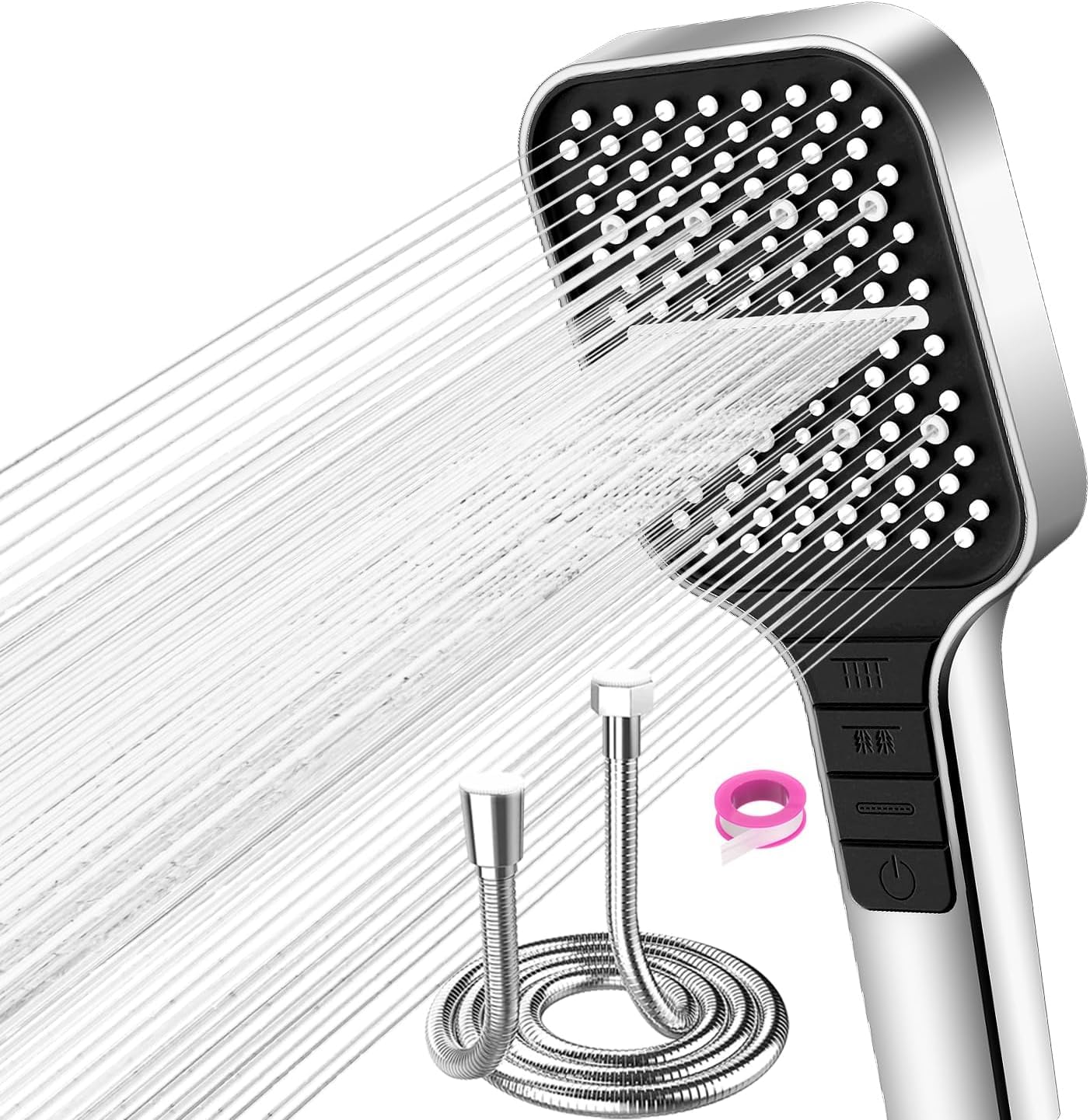 VEHHE Shower Head and Hose 1.5M, High Pressure Shower Heads with Hose (NOT for Electric Showers), Square Handheld Showerhead with 7 Settings Spray Mode for Low Water Pressure