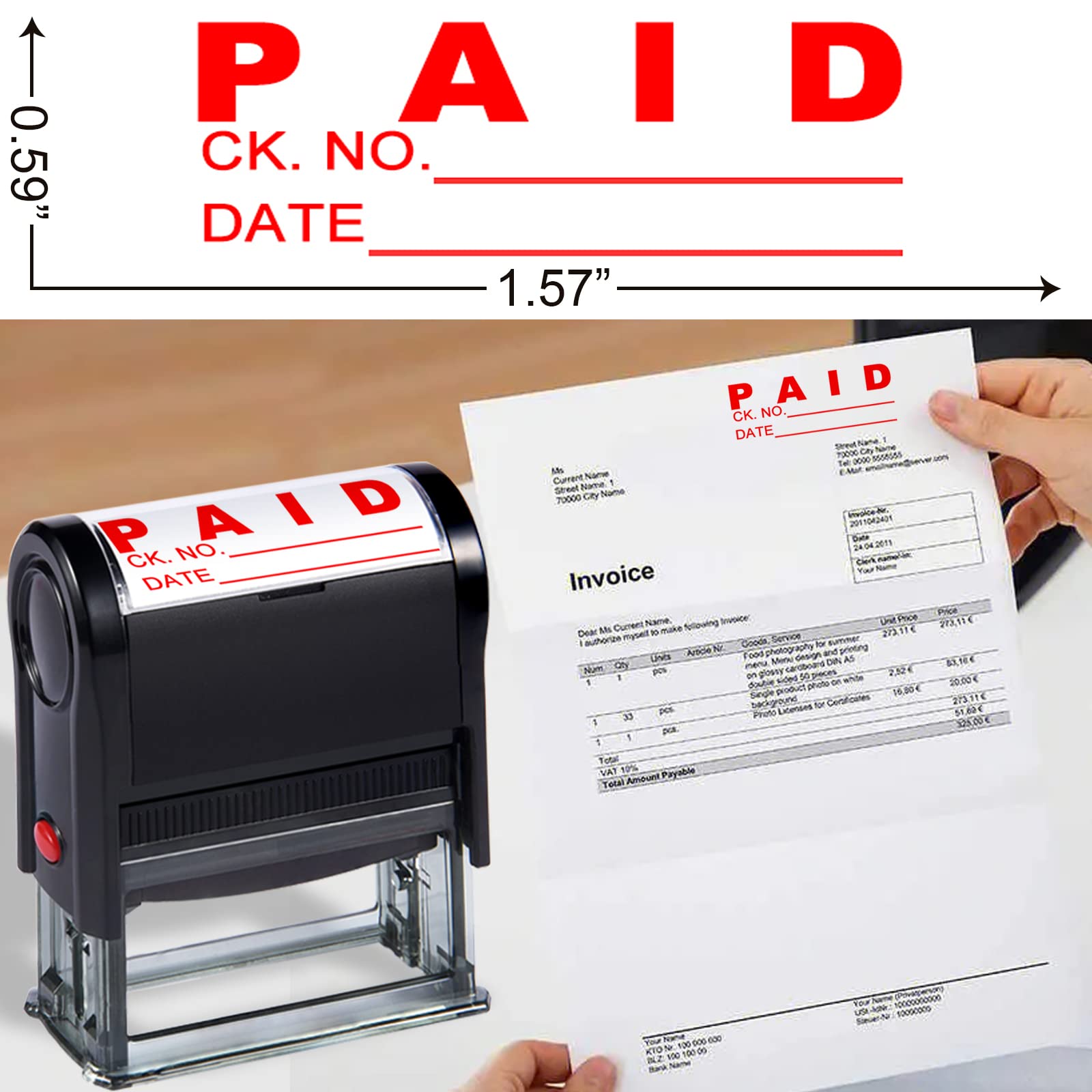 Paid Stamp with Date Office Stamps Self Inking Personalized for Business Supplies Custom Rubber Business Stamps for Office Supplies Paid Stamp with Check No. Red(Paid with Check NO. & Date)