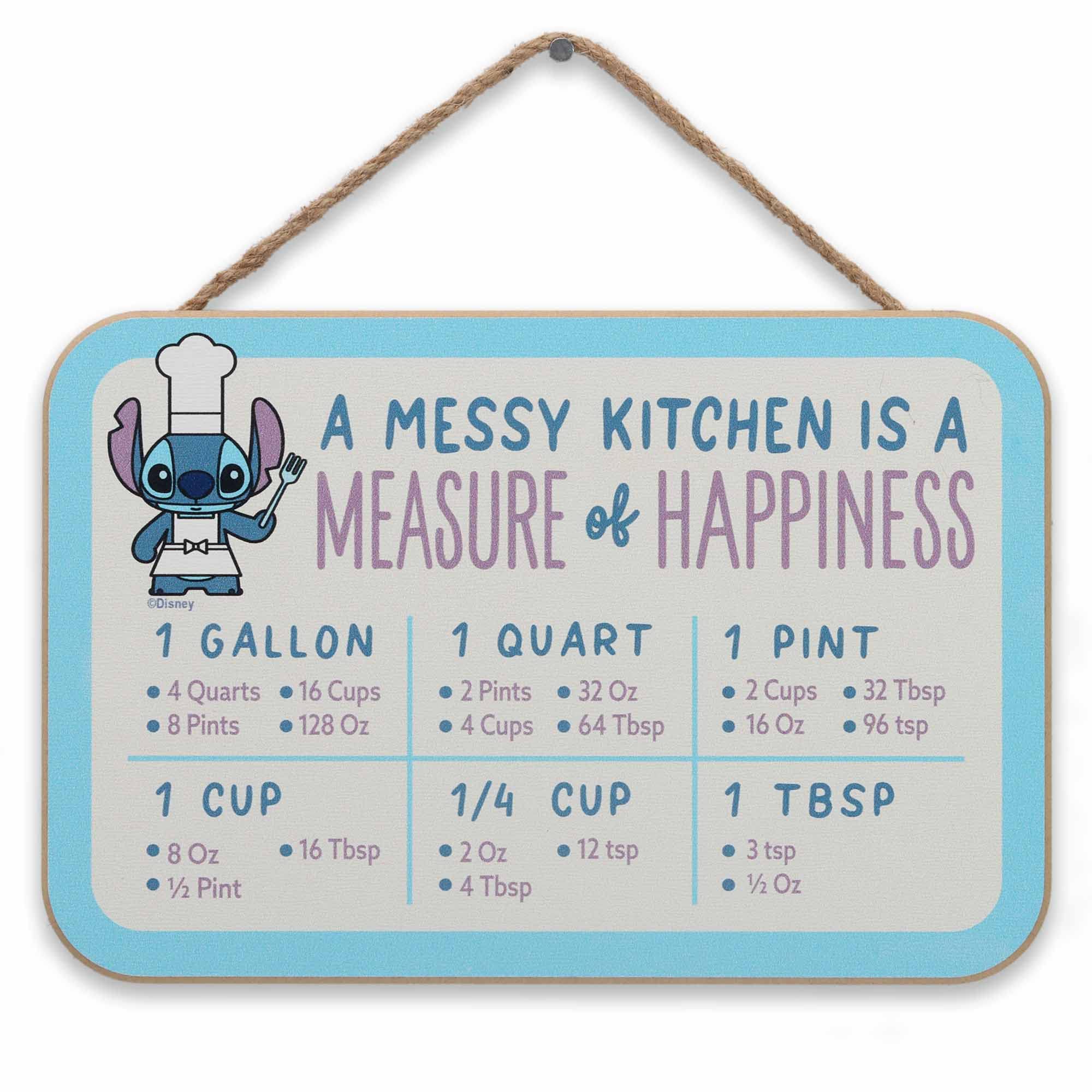 Open Road Brands Disney Lilo and Stitch A Messy Kitchen is a Measure of Happiness Hanging Wood Measuring Sign - Cute Stitch Conversion Chart for Kitchen