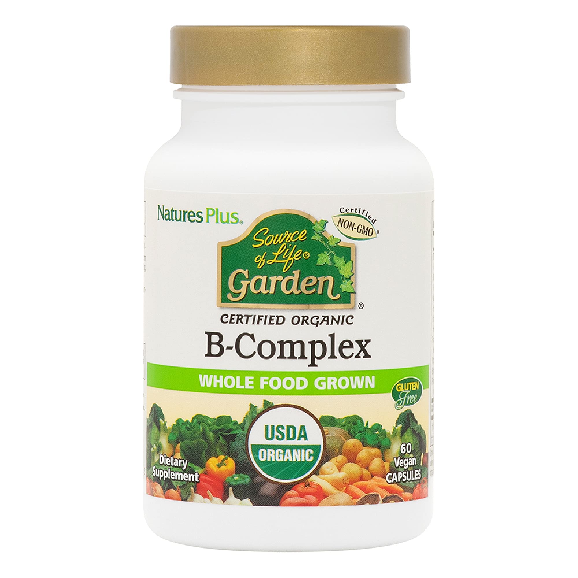 NaturesPlus Source of Life Garden Vitamin B Complex - Organic, Plant Extracted B Vitamins - Biotin, B6, Folate and B12 - Mood, Energy and Immune Support - Vegan, Gluten Free - 60 Capsules