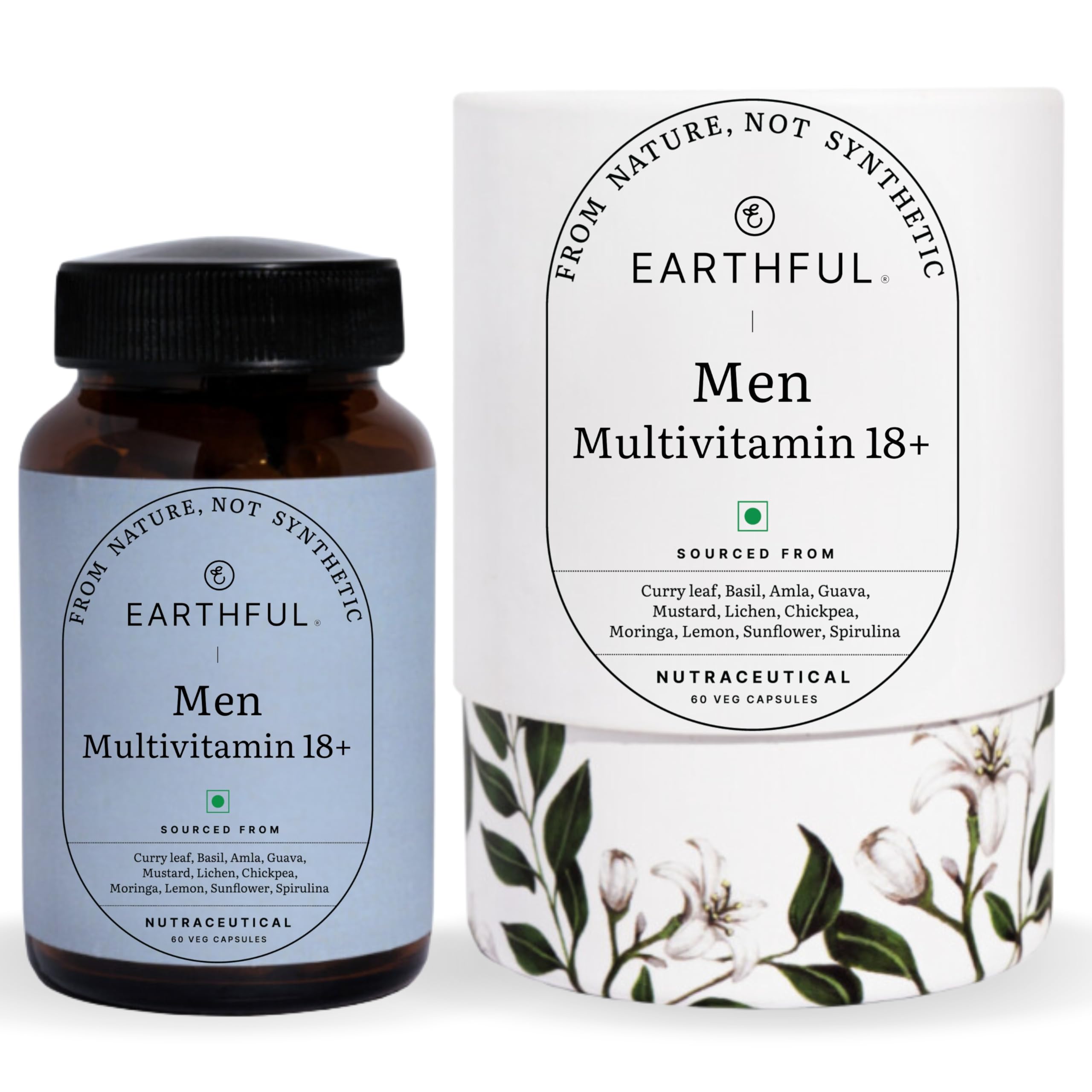 Earthful Multivitamin for Men | 100% Plant, Non-Synthetic | With Biotin, Iron, Zinc, Vitamin A, C, D3, K2 for Immunity, Hair, Skin & Bones - 60 Capsules