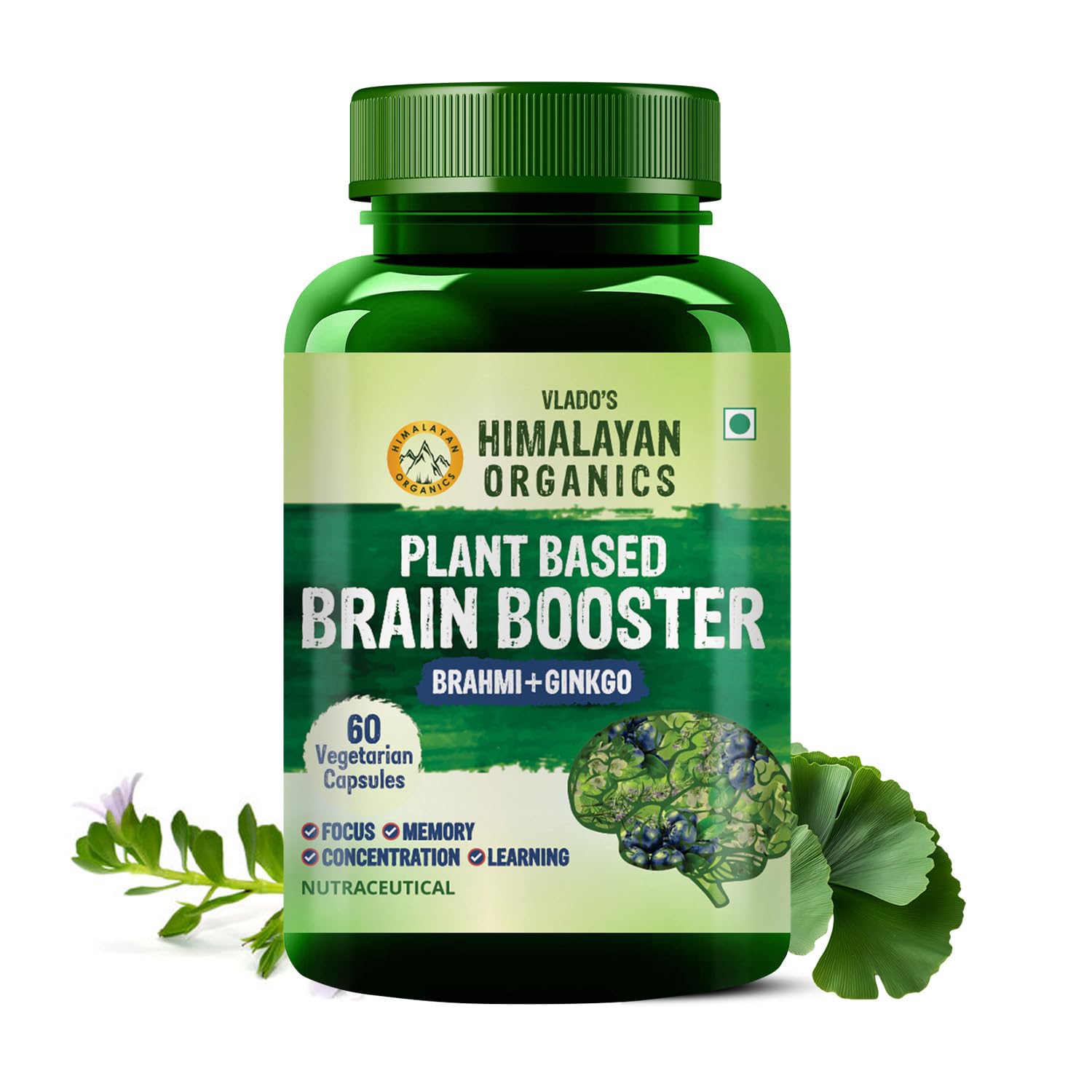 Vlado’s Himalayan Organics Plant Based Brain Booster Supplement with Ginkgo Biloba And Brahmi | Healthy Brain | Stress Relief | Improve Focus - 60 Veg Capsules