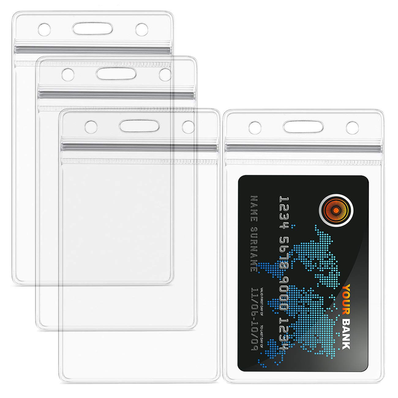 10 Pack Heavy Duty ID Card Badge Holder with Resealable Zipper, Transparent Waterproof Type PVC ID Card Holder, Vertical Style, Clear