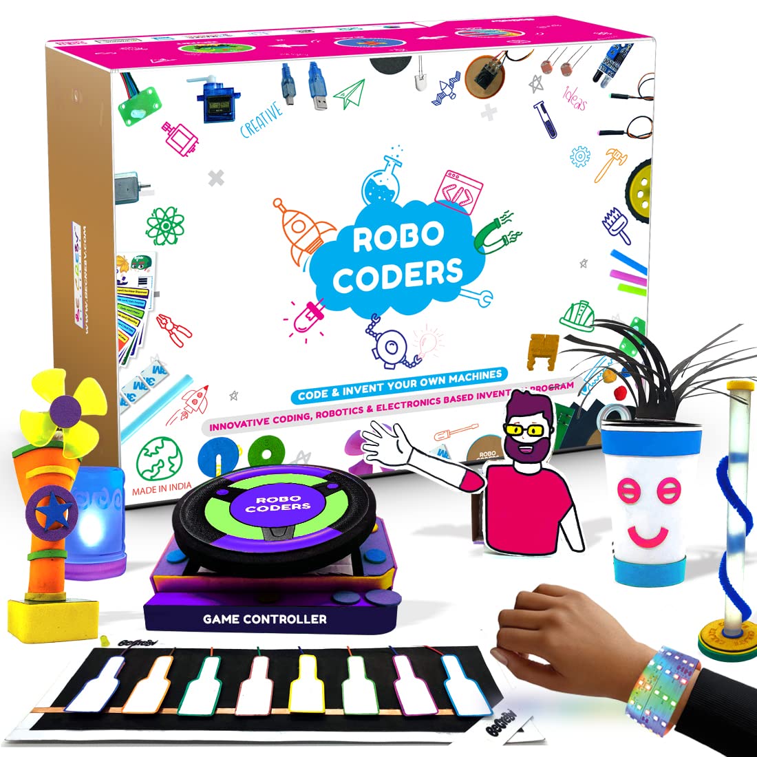 BE CRE8V Robocoders Coding Invention Stem Kit, Scratch Like Block Based Coding, 30+ Experiements, Learn To Code For Children, Sensors, Electronics, Motors, Servos, Etc. Robotics Kit