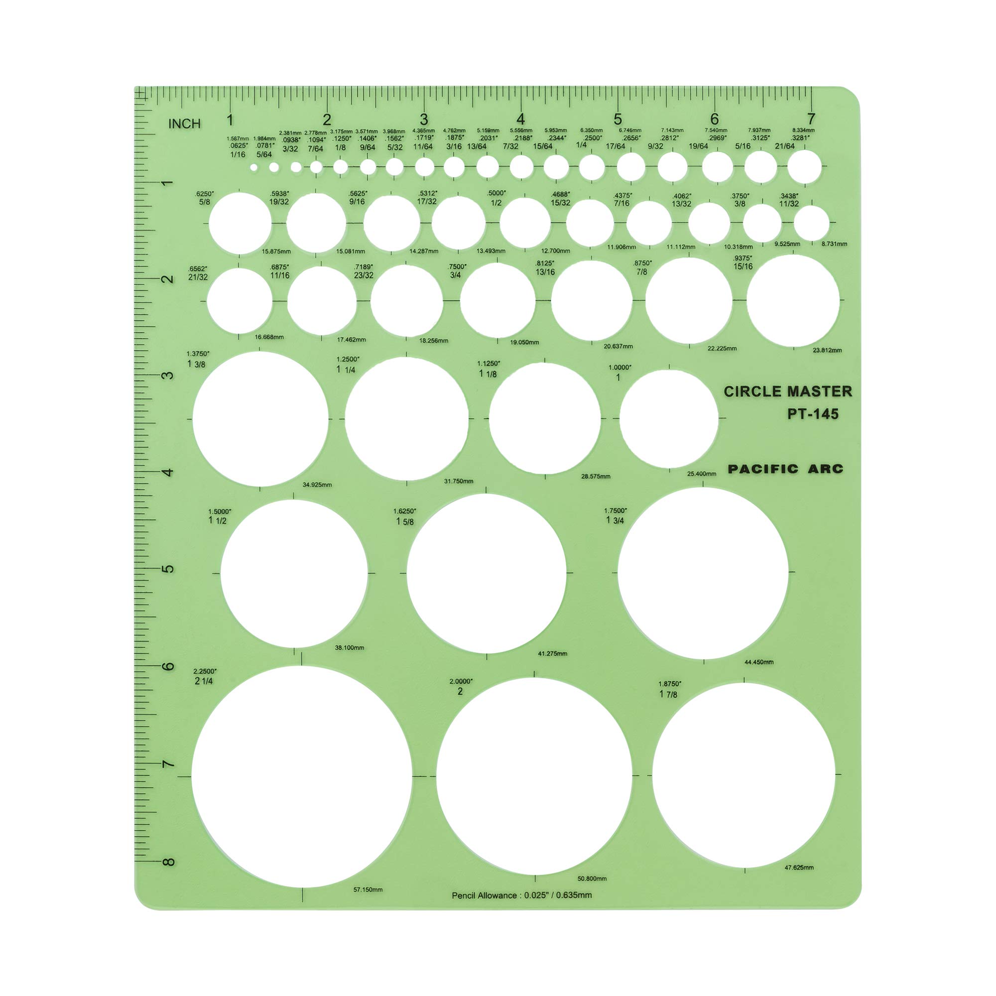 Pacific Arc Professional Circle Guide Template, 45 Total Circle from 1/16 Inch to 2.25 Inch with Inch Graduations