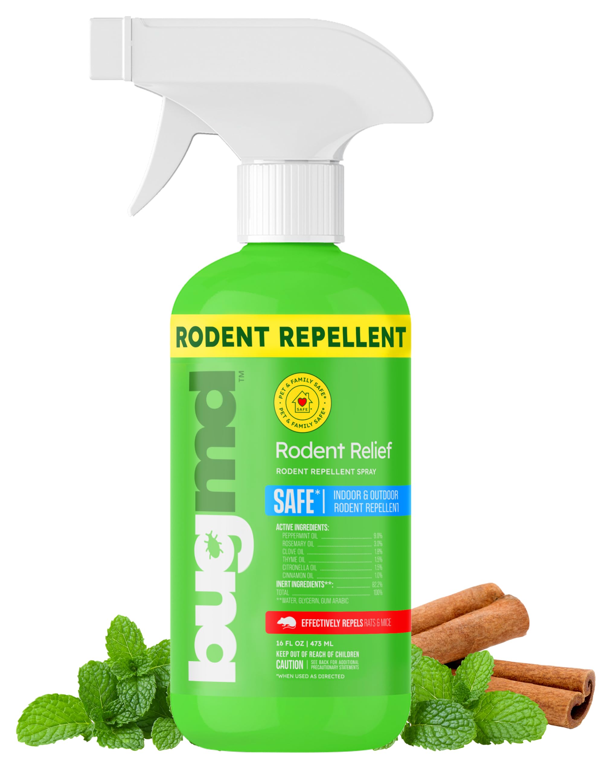 BugMD Peppermint Oil Spray for Rodents - 16oz Mouse Repellent & Rodent Repellent Spray, Natural Mice Repellent with Cinnamon, Clove, and Rosemary Oils - Safe Indoor & Outdoor Use