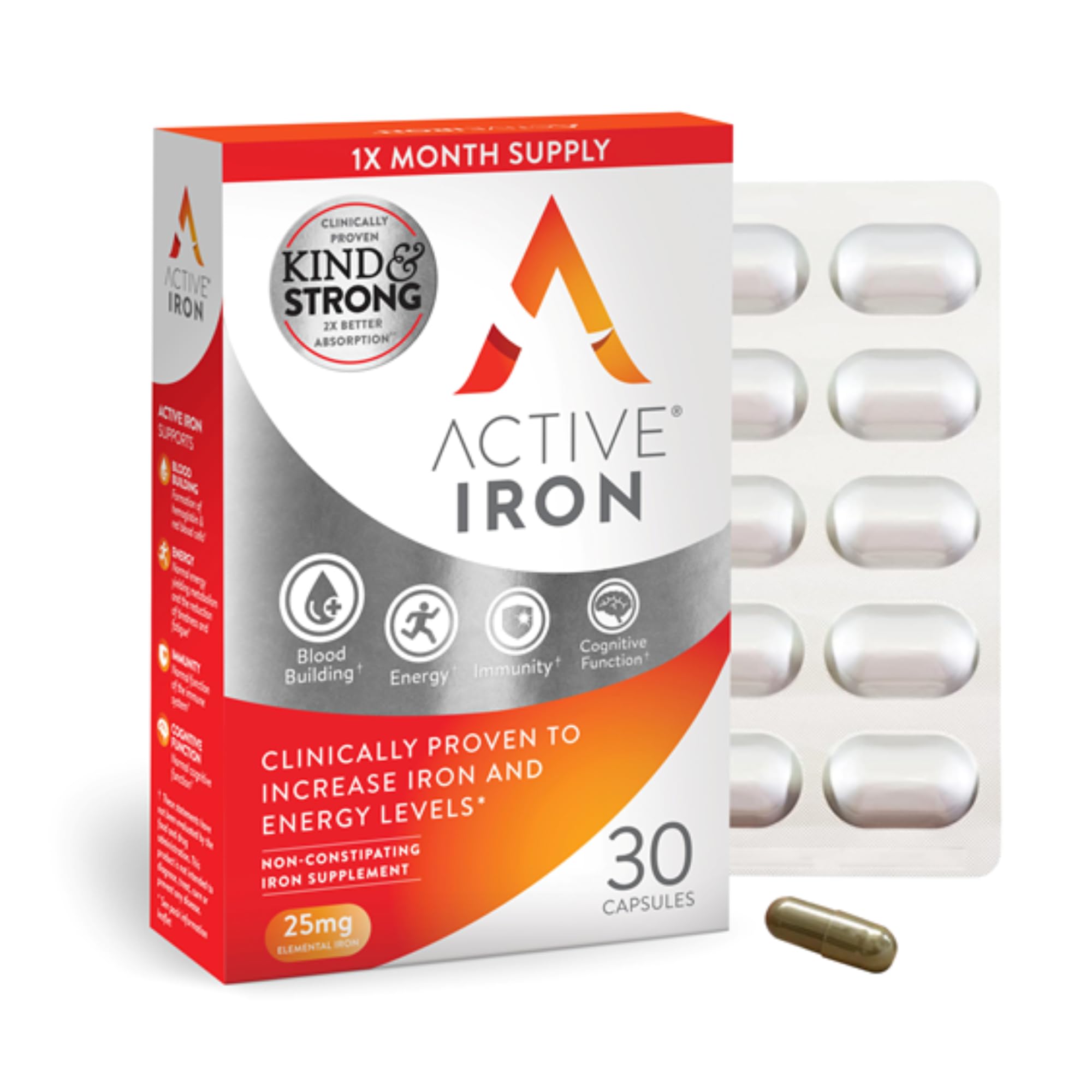 Active Iron High Potency Iron Supplement, 2X Better Absorption & Non-Constipating, Helps Support Energy, Iron Pills for Women & Men, 25mg (30 Capsules)