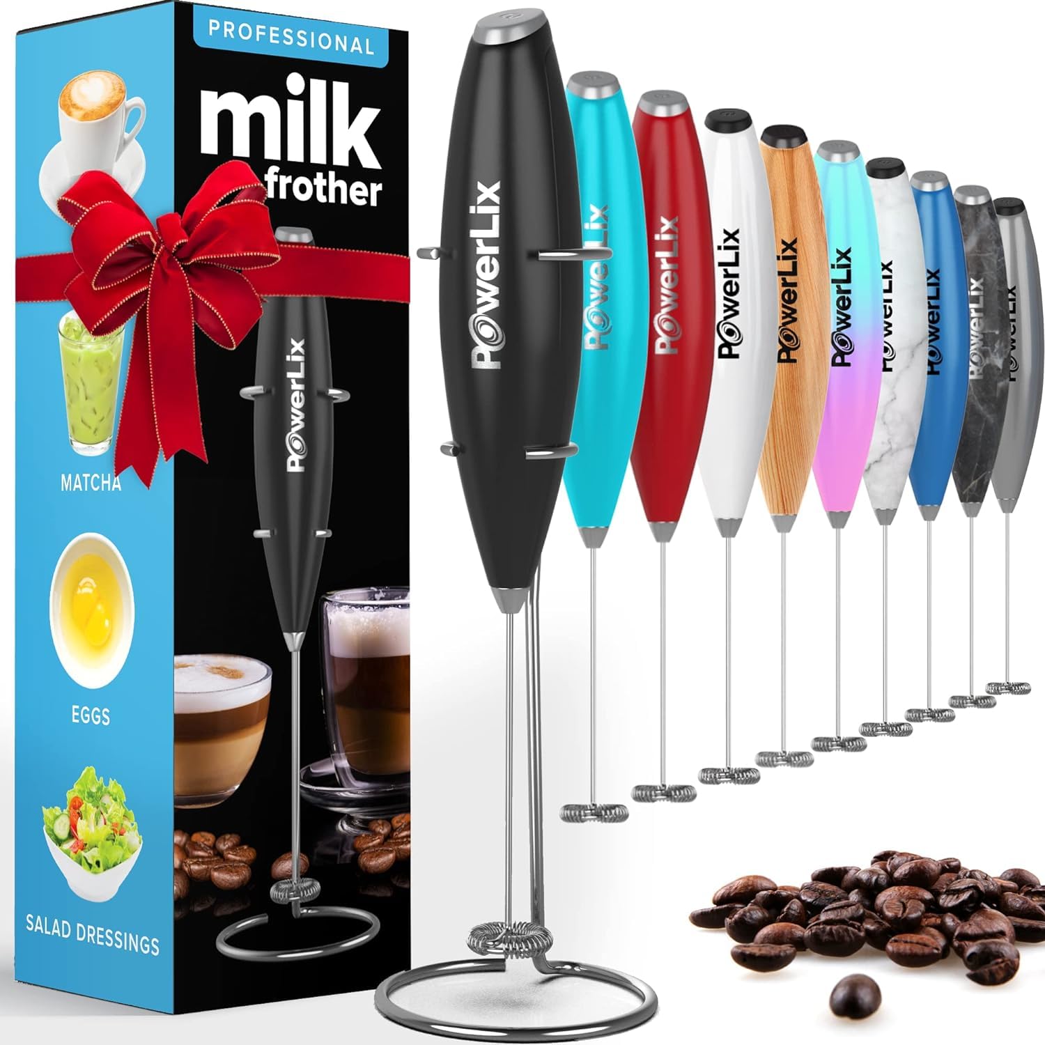 PowerLix Powerful Handheld Milk Frother With Stand Battery Operated Foam Maker Frother Wand For Coffee, Latte, Cappuccino, Hot Chocolate, Mini Drink Mixer Stainless Steel Whisk