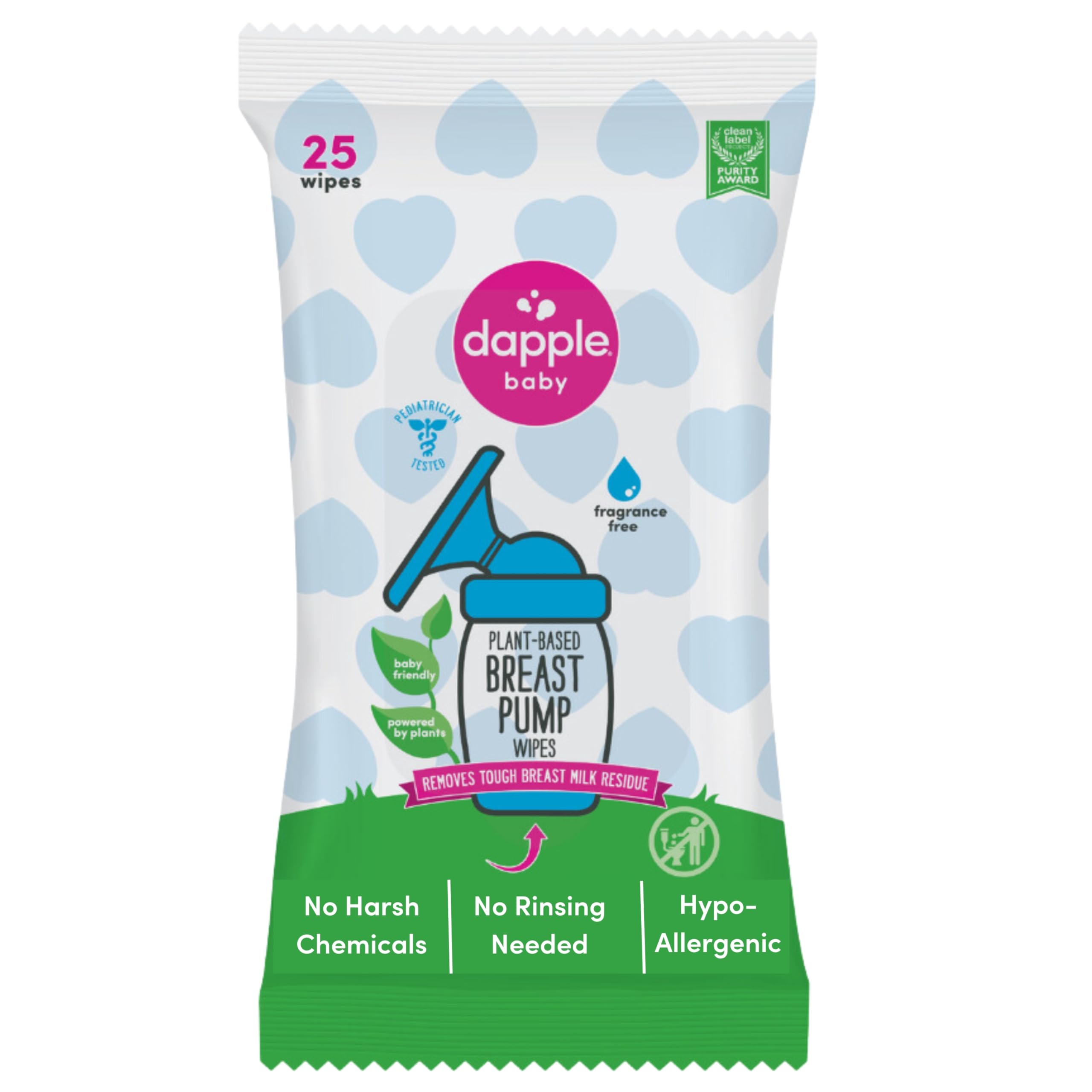 Breast Pump Wipes by Dapple Baby, Hypoallergenic & Powered by Plants, Removes Milk Residue, Leaves No Taste, Convenient Wipes Pouch, Fragrance Free, 25 Count (Pack of 1)