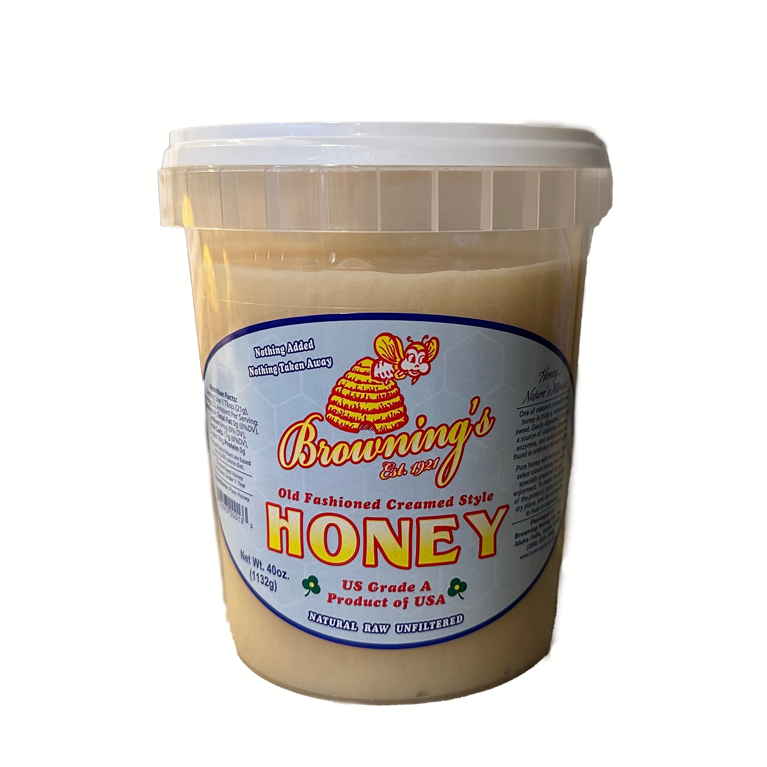 Browning's 40 oz Creamed Raw Clover Honey | 100% Pure, Natural & Unfiltered | Premium Old-Fashioned Honey - Product of the USA