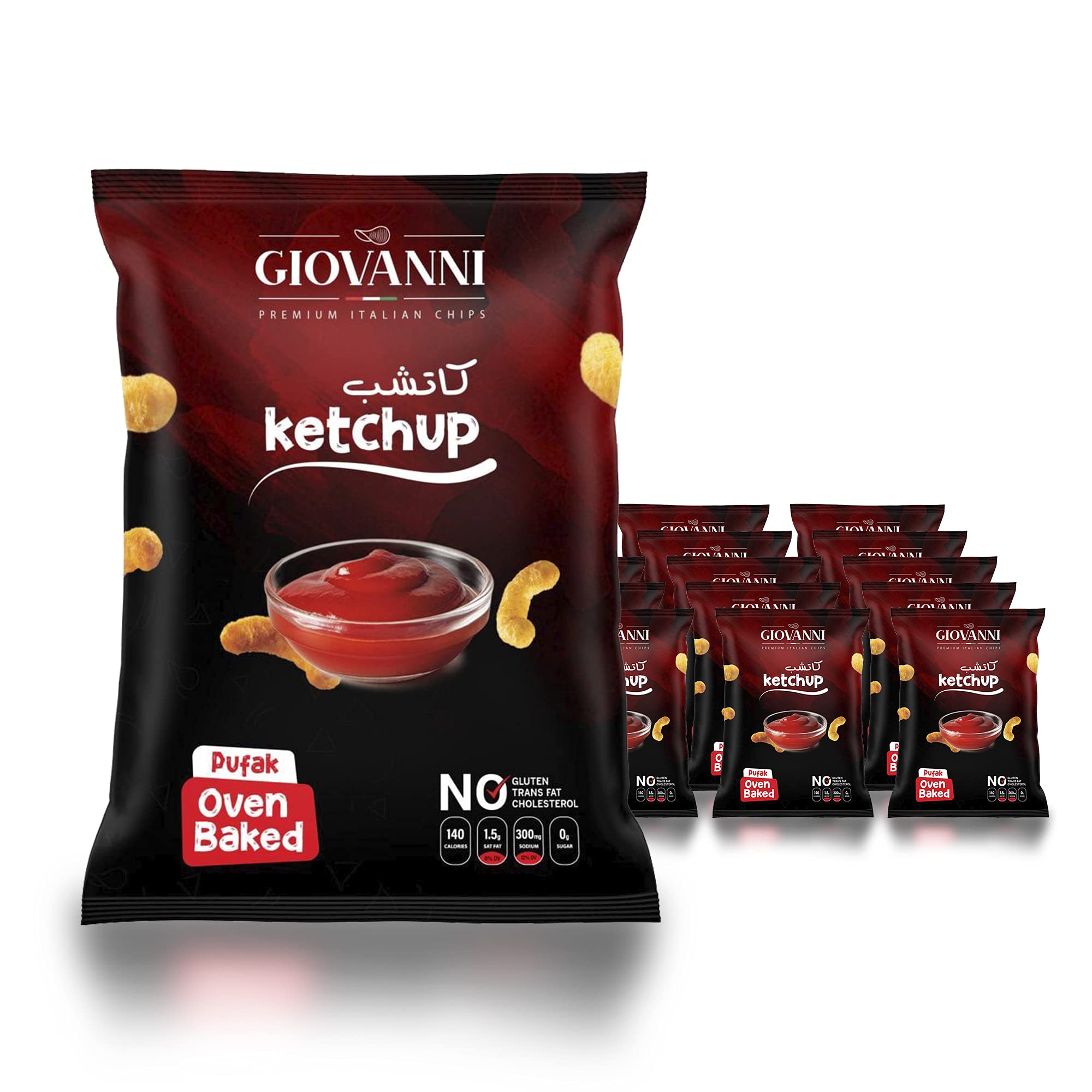 Giovanni Ketchup Flavor Potato Pufak Chips 35GM (Pack of 20) | Gluten-Free Chips | Oven Baked Chips | Healthy Snack | Premium Italian Chips | NON-GMO Pofak | Chips Snack | UAE Local Made