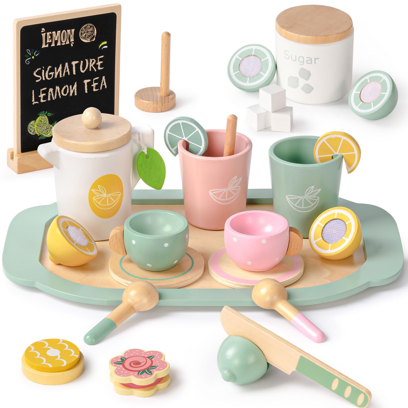 ToyssaWooden Tea Party Set for Little Girls Toys Toddler Tea Set with Play Kitchen Accessories & Lemonade Stand & Black Board, Wooden Toys for Toddlers Aged 2 3 4 5 6, Birthday Kids Girls Gifts 3+