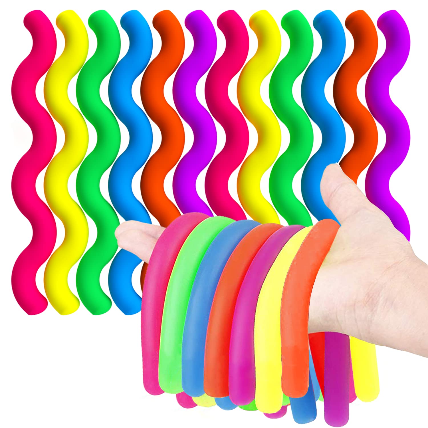 BUNMO Stocking Stuffers for Kids - Stretchy Sensory Strings - Stimulating & Addictive Sensory Toys for Kids - Stocking Stuffers for Boys and Girls - Non Mouthable Toy - Mini Smooth 12pk