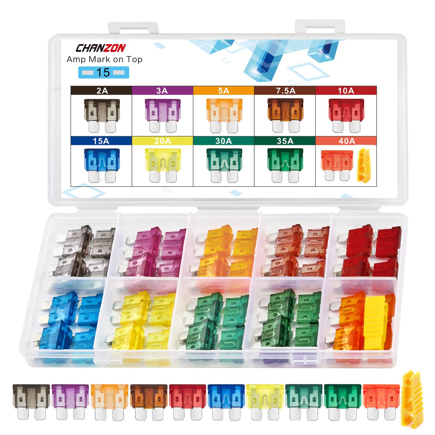 Chanzon UL Listed Standard Blade Fuse Assortment Kit ATC ATO APR 10 Values 5 Each:2A,3A,5A,7.5A,10A,15A, 20A, 30 Amp,35A,40A Spare Auto Fuses Set Assorted 32V 12V Car Truck RV Automotive Motor 50 Pack