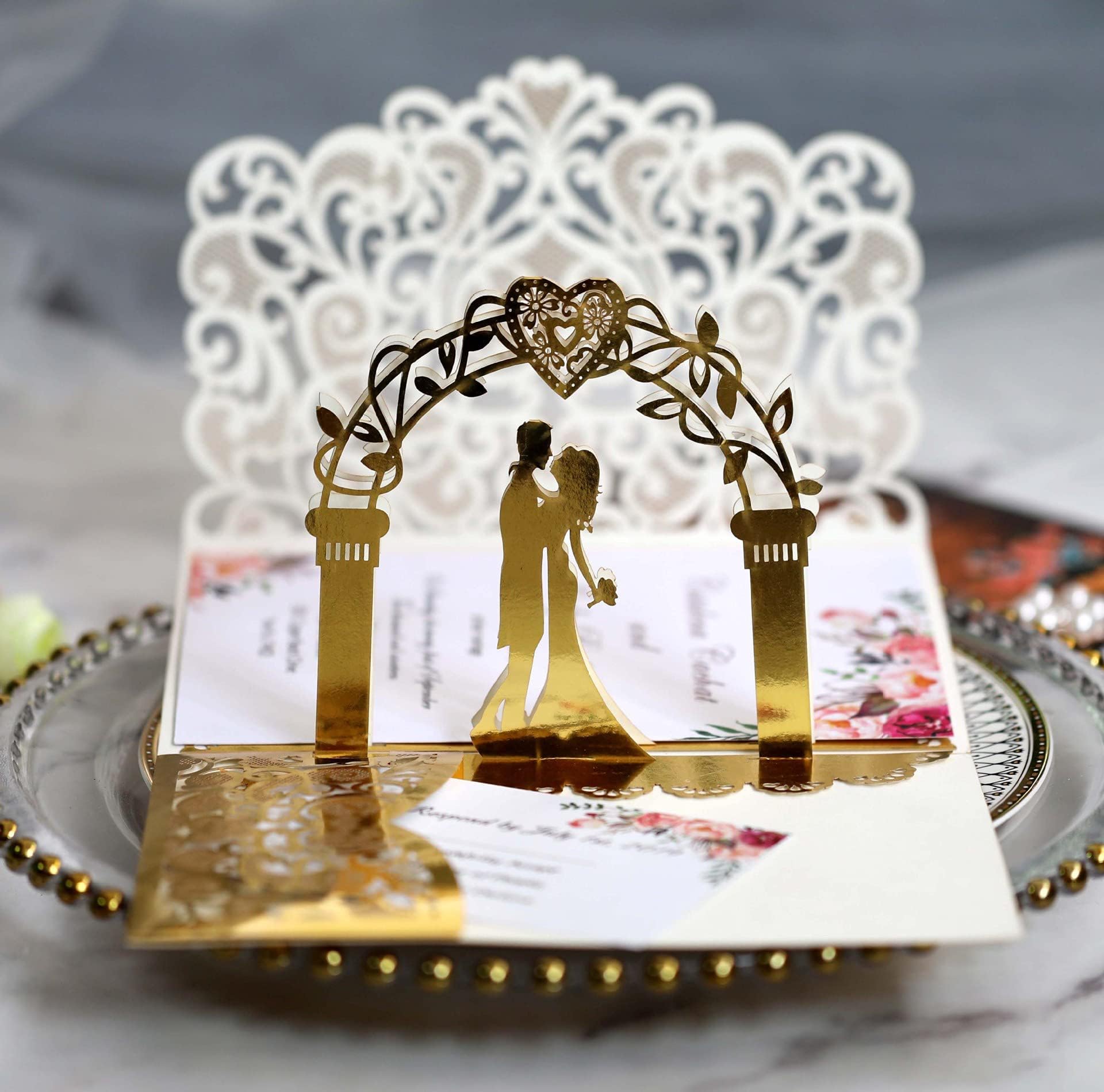 ELECDON 3D Pop Up Greeting Card Set, Romantic Wedding Invitations Anniversary Pop Up Cards with Unique Bride and Groom Holding Hand Design for Couples Surprising in Wedding Party Supplies (Gold Gloss)