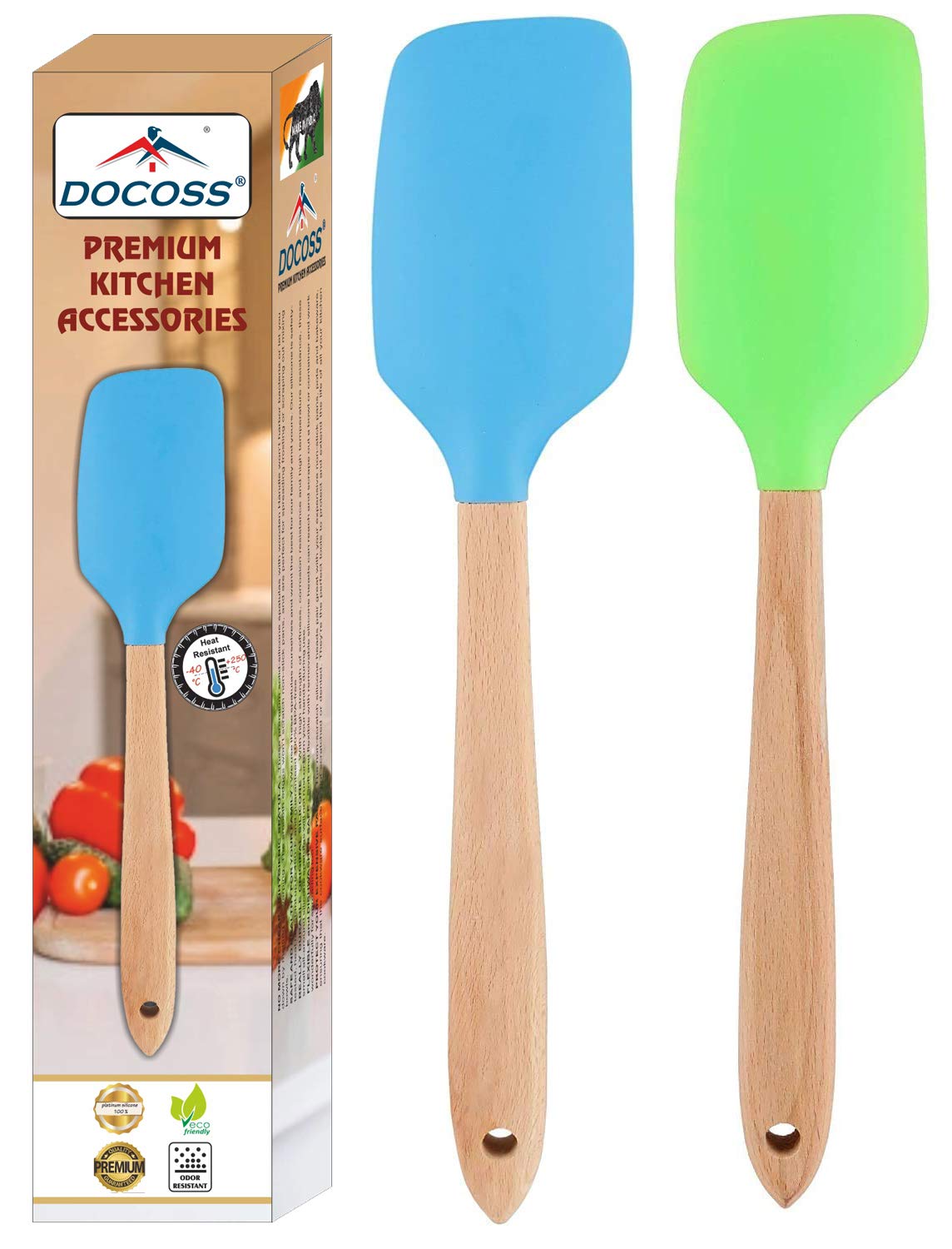 DOCOSS- Pack of 2-Silicone Spatula Set with Wooden Handle for Cooking Premium Quality Heat Resistant Non Stick Silicon Spatulas Wooden for Cake Mixer Baking & Mixing Home Kitchen Tools