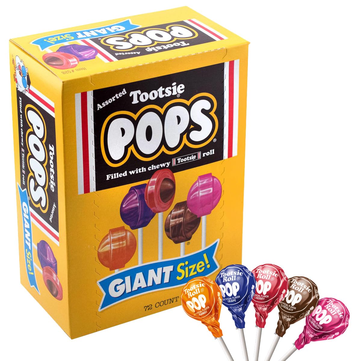 Tootsie Pops Giant Candy - Original Fruity Lollipop with Chocolatey Center - Over 3.5 Pound Bag of Assorted Pops - Five Classic Flavors - Peanut Free, Gluten Free, 72 Count