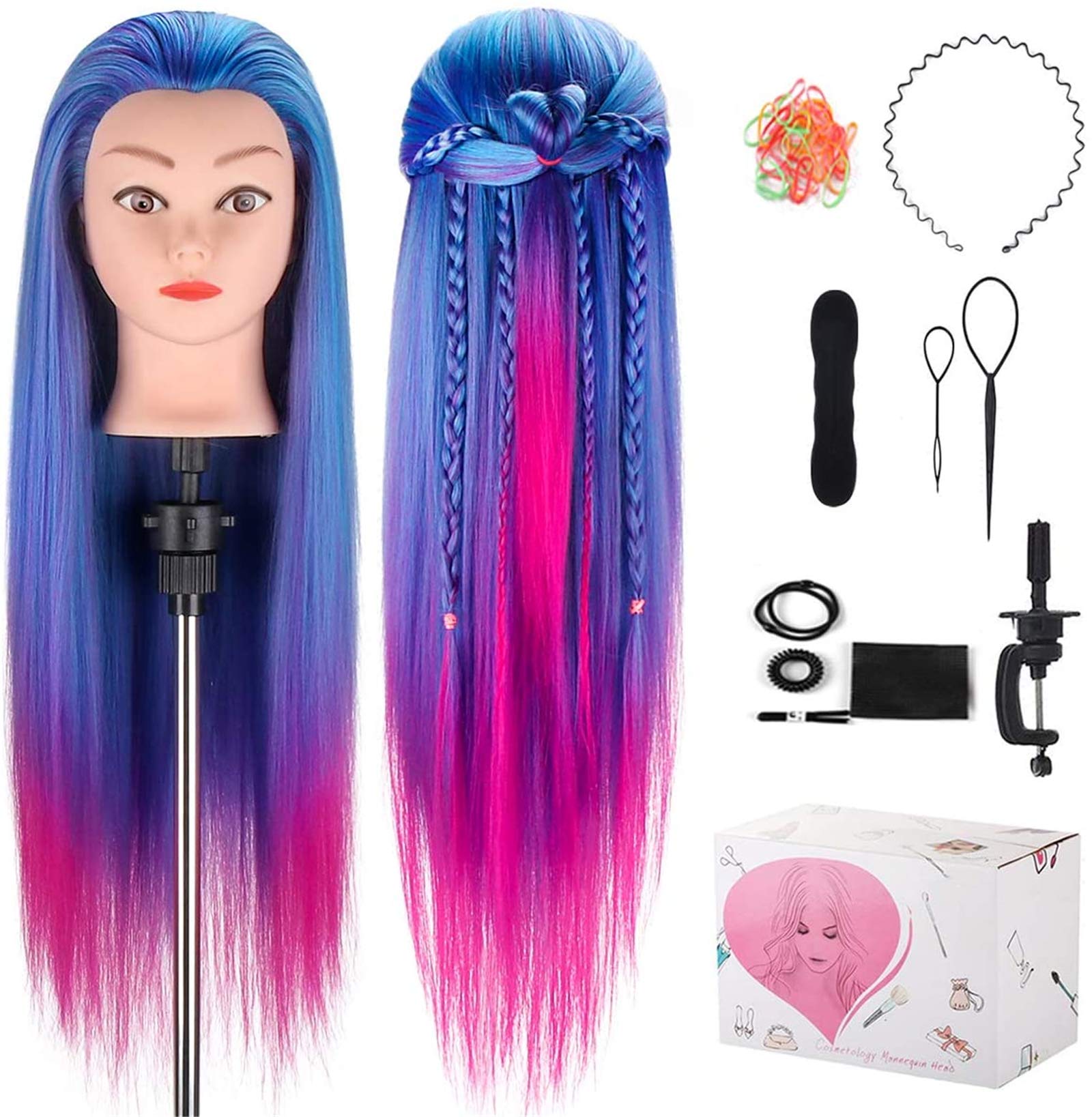 Styling Head, Hairdressing Training Mannequin Head - TwoWin Fantastic Colorful Manikin Cosmetology Doll Head, 100% Quality Synthetic Fiber Hair Hairdressing Training Model with Free Clamp