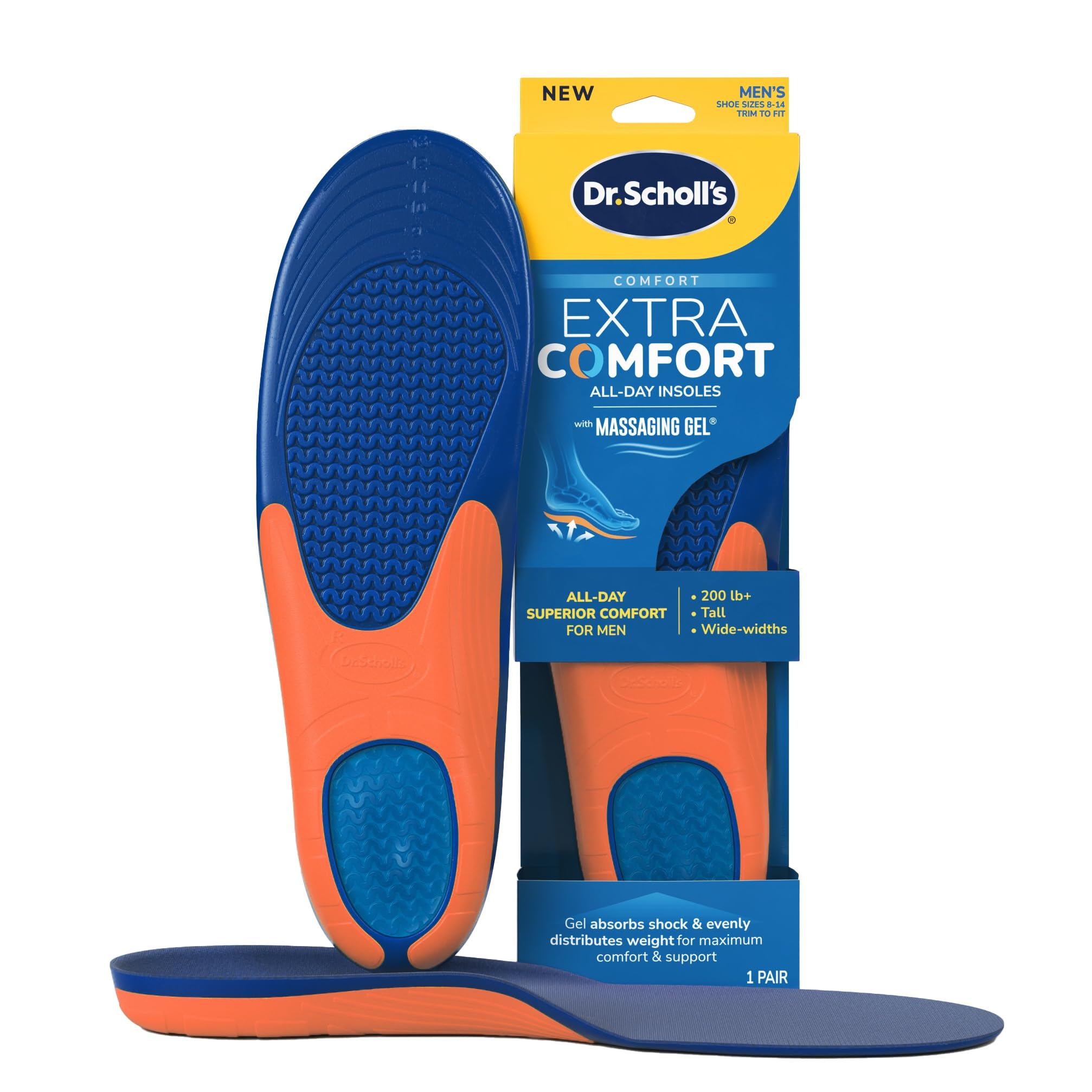 Dr. Scholl’s Extra Comfort Support Insoles Men, Size 8-14, 1 Pair: All-Day Comfort Shoe Inserts with Massaging Gel for Big & Tall Men, 200lbs+, Wide Feet - Arch Support Inserts for Men, Trim to Fit