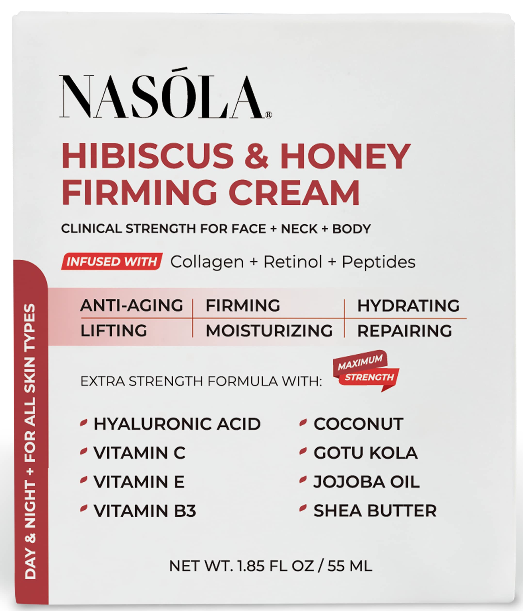 Nasola Hibiscus and Honey Firming Cream, Neck Firming Cream, Skin Tightening Cream, Skin Firming and Tightening Lotion for Face and Body, Anti-Wrinkle Facial Moisturizer with Collagen, 1.85 Oz/55ml