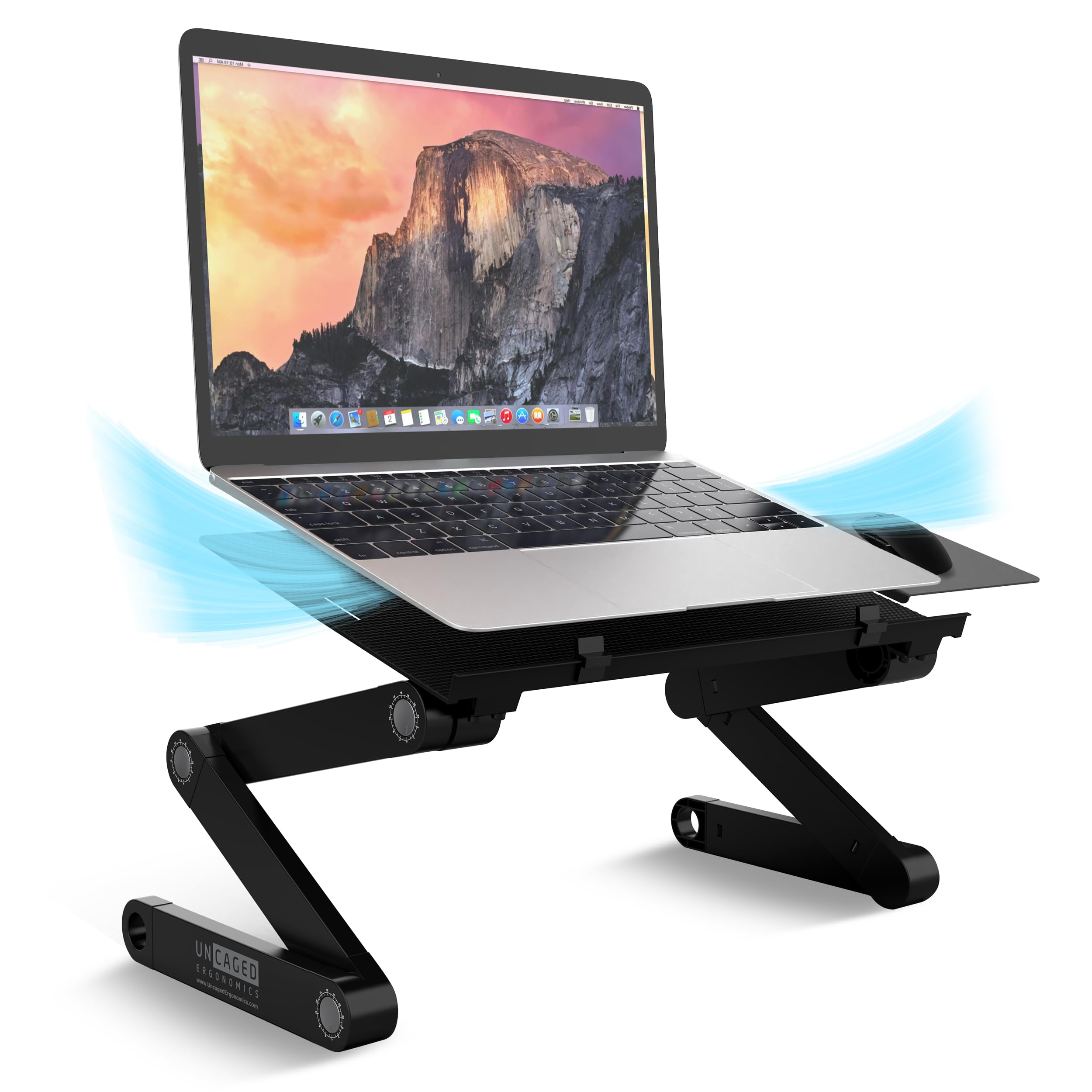 WorkEZ BEST Adjustable Laptop Stand Lap Desk for Bed Couch with Mouse Pad ergonomic height angle tilt aluminum desktop riser tray portable computer riser table cooler cooling folding holder black