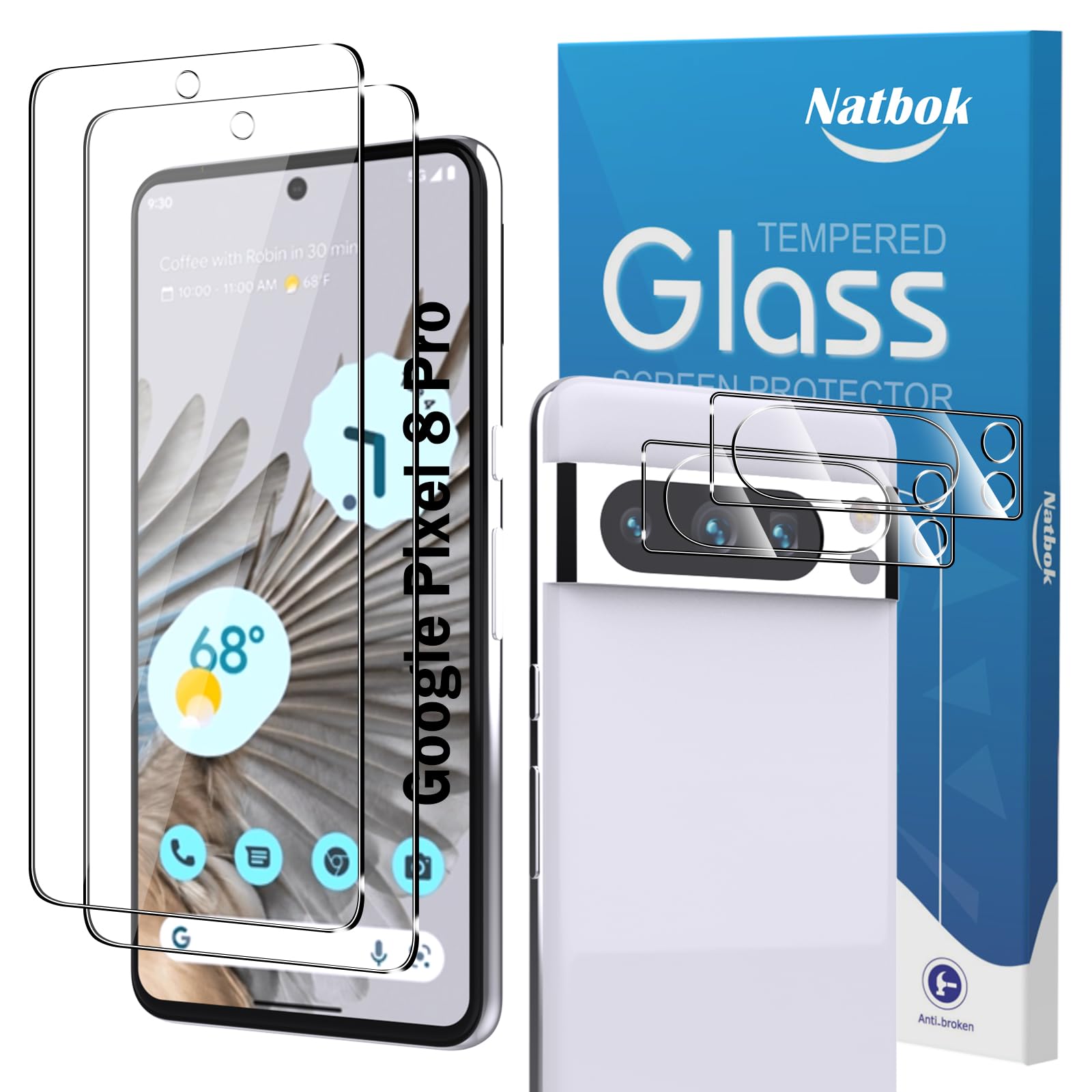 Natbok 2 Pack Tempered Glass for Google Pixel 8 Pro Screen Protector,9H Hardness,Ultra Resistant,Anti-Fingerprints,No Bubbles,HD-Clear,Full Coverage Phone Film for Google Pixel 8 Pro [Easy Install]