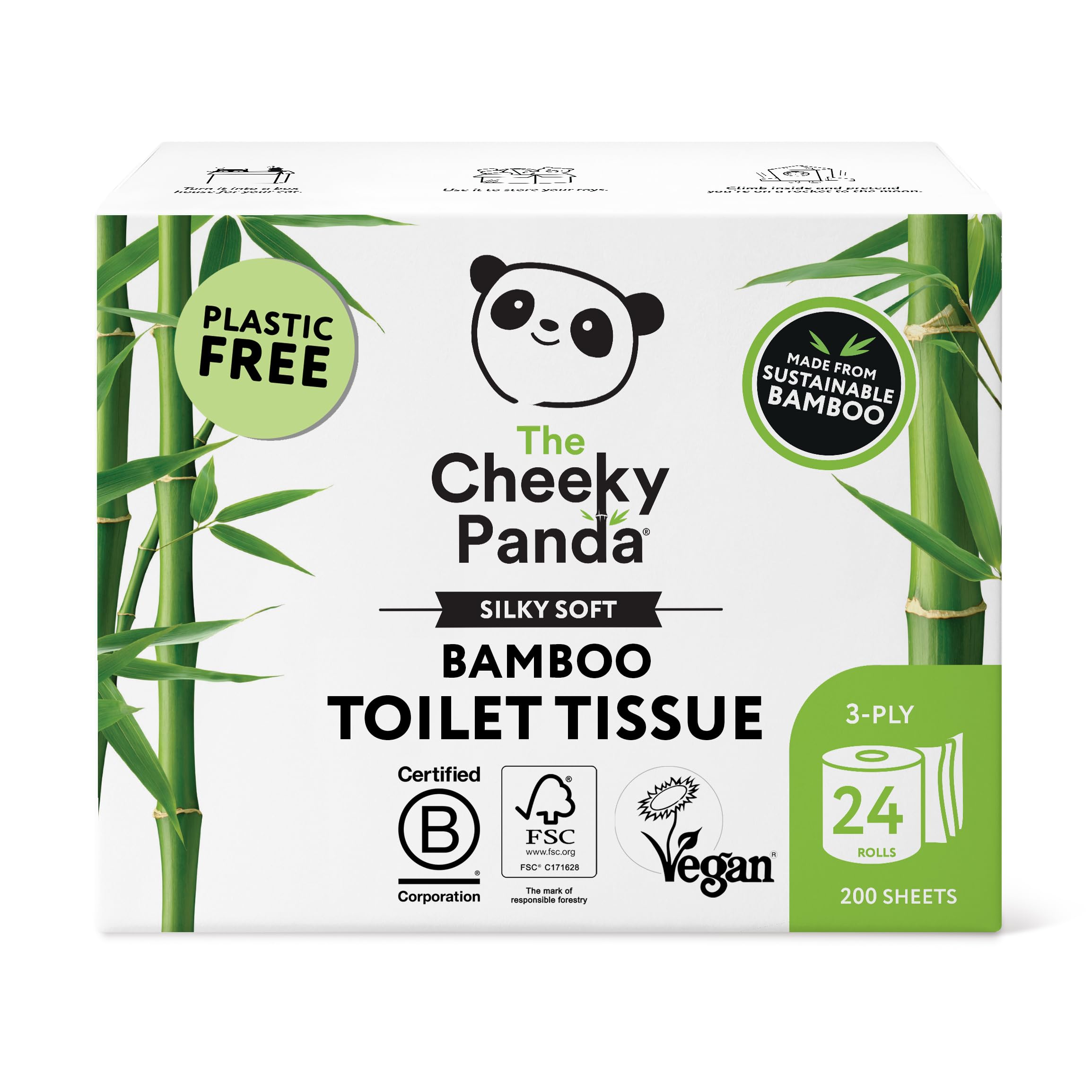 The Cheeky Panda Bamboo Toilet Rolls Bulk Buy – 24 Rolls of 3 Ply Toilet Paper | Plastic Free Packaging and Sustainable Tissue Paper | White