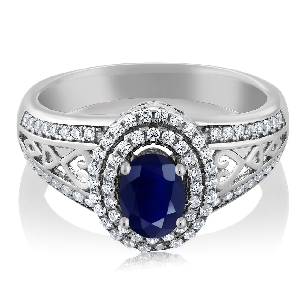 Gem Stone King 925 Sterling Silver Blue Sapphire Ring For Women (1.41 Cttw, Center Stone: 6X4MM, Gemstone Birthstone, Available In Size 5, 6, 7, 8, 9)