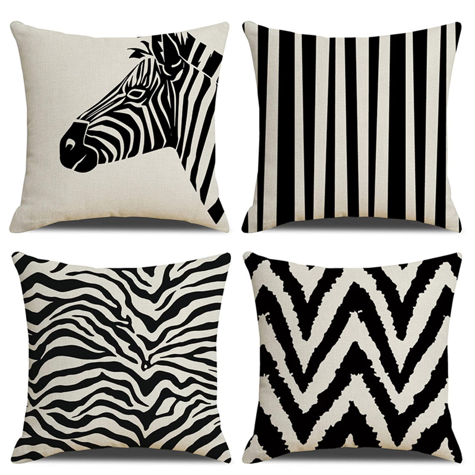 VAODO Throw Pillow Covers Set of 4, 45 * 45 cm Square Cushion Covers Sofa Decorative, Modern Simple Pattern Linen Cushion Case, Suitable for Living Room Bedroom Sofa, Black&White