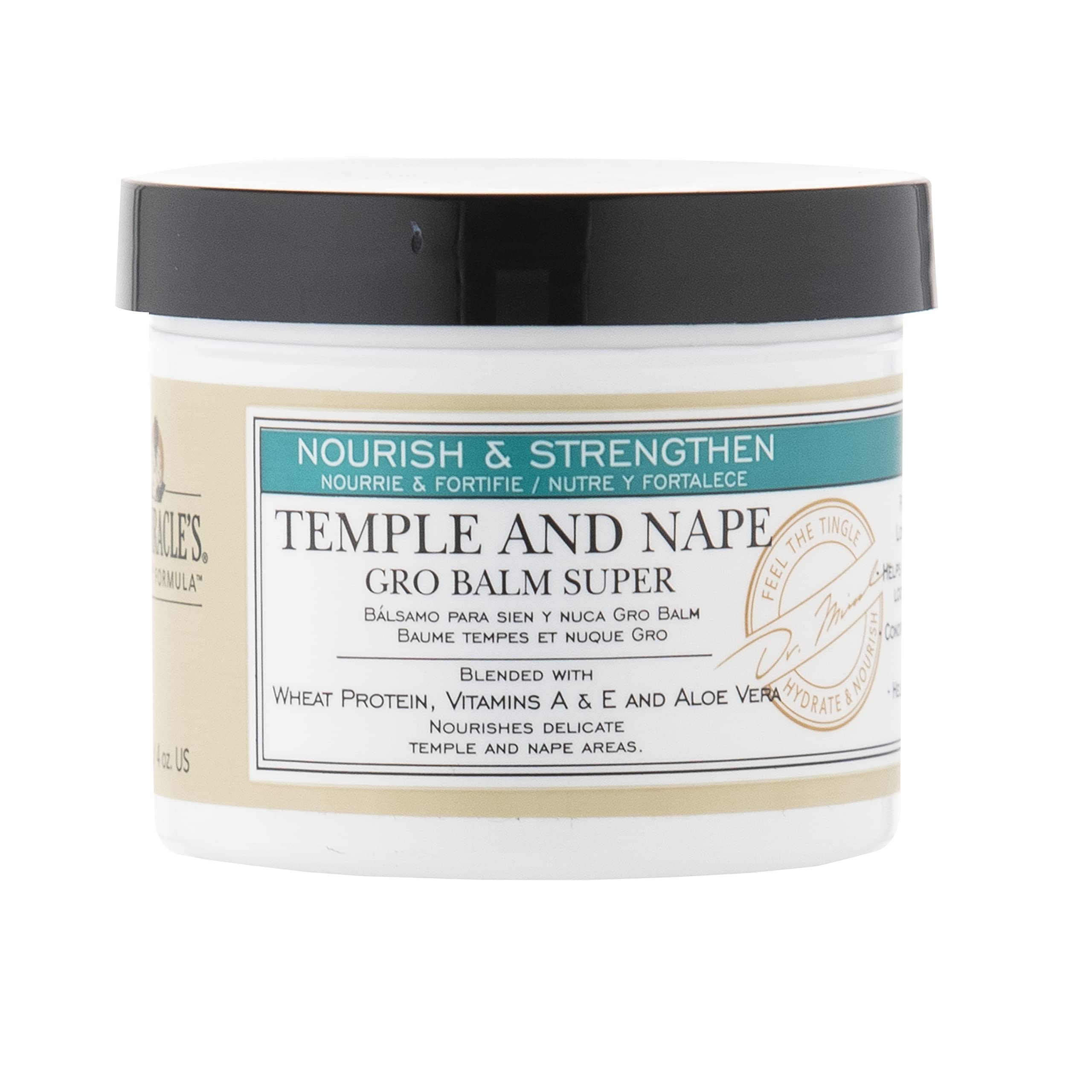 Dr. Miracle's Temple and Nape Gro Balm - For Healthy Hair Growth, Contains Wheat Protein, Aloe, Vitamin A, Vitamin D, Strengthens, Promotes Growth, 4 oz