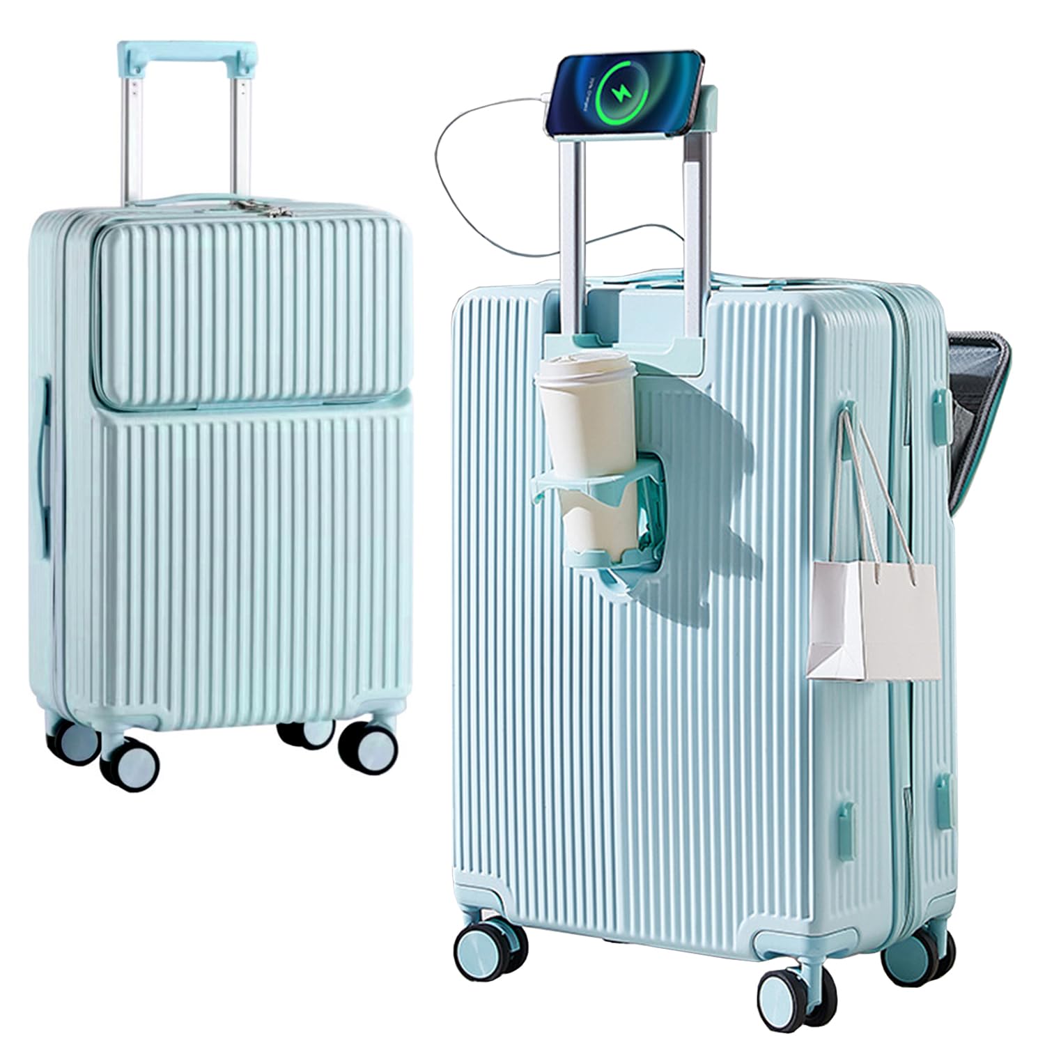 LIODUXTravel Luggage Carry On Luggage, PC Hardside Suitcase with Spinner Wheels, Stylish Trolley Suitcase with Built-Laptop Compartment, USB Port, Cup Holder, Built-In TSA lock (Blue,20in)