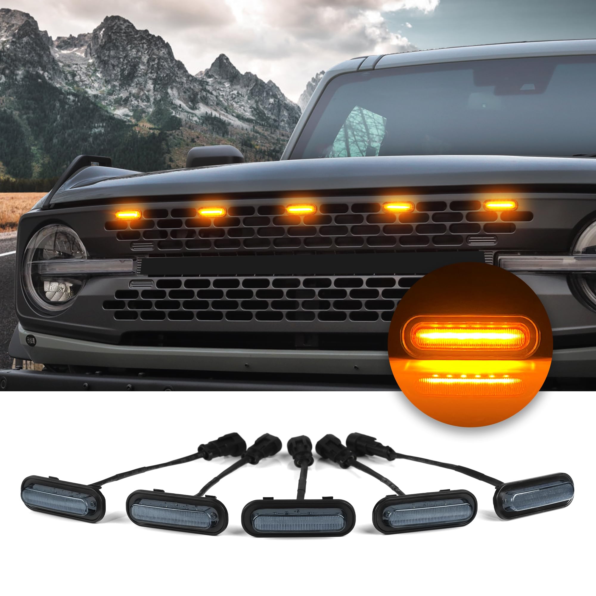 Seven Sparta 5 Pcs Front LED Grill Lights for Ford Bronco Accessories 2021 2022 2023 2/4 Door Badlands Wildtrak Everglades & First Edition (Amber Light with Black Shell)