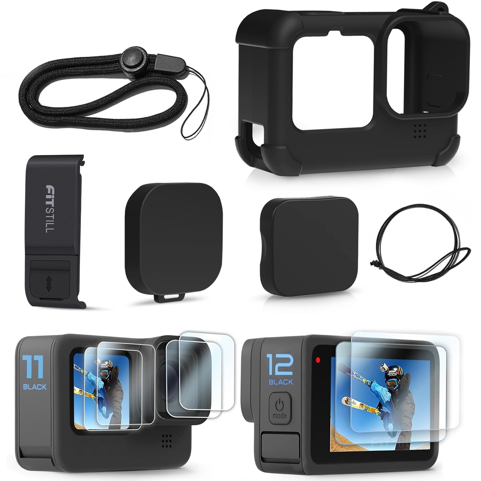 FitStill Silicone Sleeve Case for Go Pro Hero12 /Hero11 /Hero 10 /Hero 9 Black, Battery Side Cover & Lens Caps & Screen Protectors & Lanyard for Go Pro Hero 12/11 /10/9 Black Accessories Kit