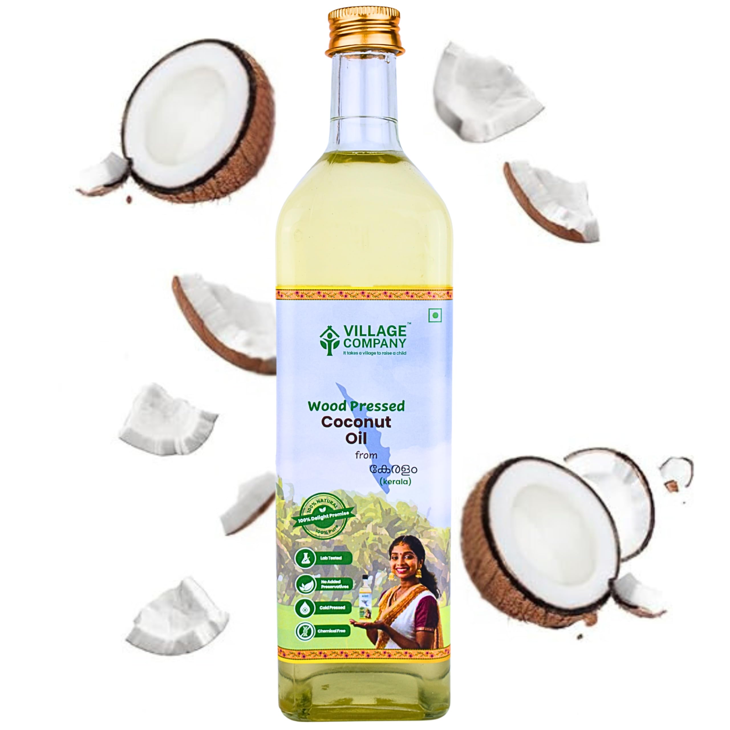 Village Company Extra Virgin Cold Pressed Coconut Oil 1 Litre | Hair, Skin, Cooking and Baby Massage | Organic Pure Edible Natural | Wood Press Kolhu Kacchi Ghani Chekku | Chemical-Free | Glass Bottle