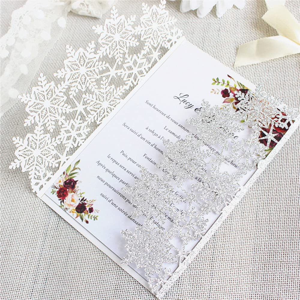 50sets Christmas Snowflake invitations snow Flower Laser Cut Wedding Invitation Card custom white Lace Invites with Envelope & Inner Paper (Gliter Silver), 18*12.5CM