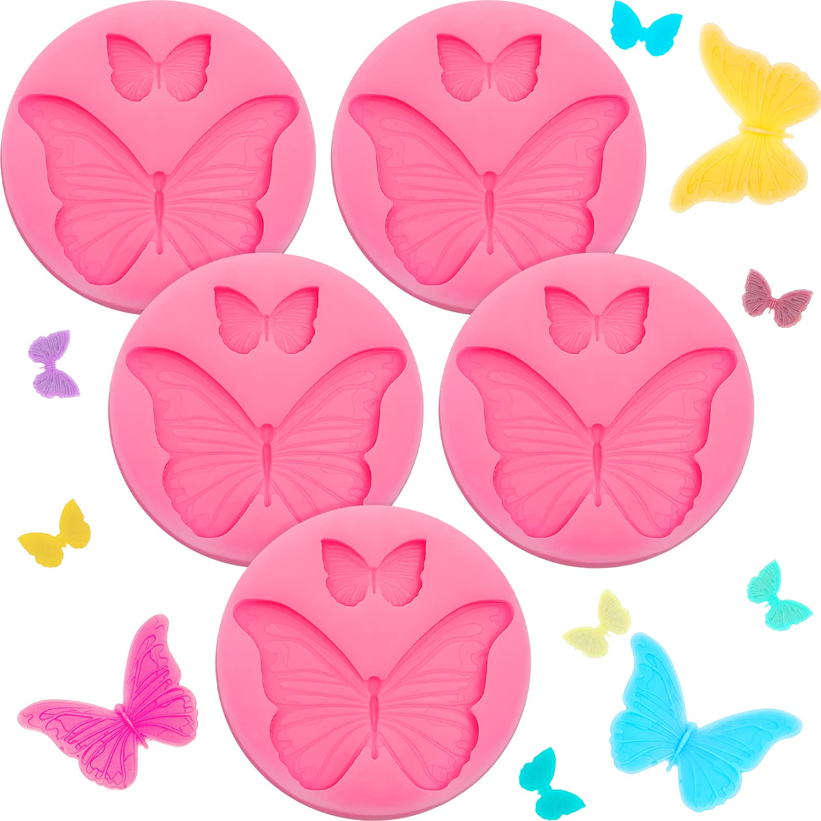 5 Pieces Butterfly Silicone Molds Mini Butterfly Fondant Cake Baking Mold Silicone Butterfly Chocolate Mold Pink Polymer Clay Molds Small Clay Molds, Non-stick DIY Tool for Cake Decor