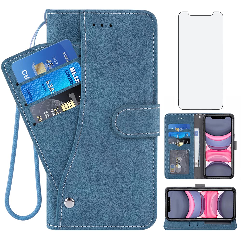 Compatible with iPhone 12 Pro Max 6.7 Wallet Case and Tempered Glass Screen Protector Flip Card Holder Stand Cell Accessories Phone Cover for iPhone12promax 5G i 12s Plus iPhone12 12pro Promax Blue