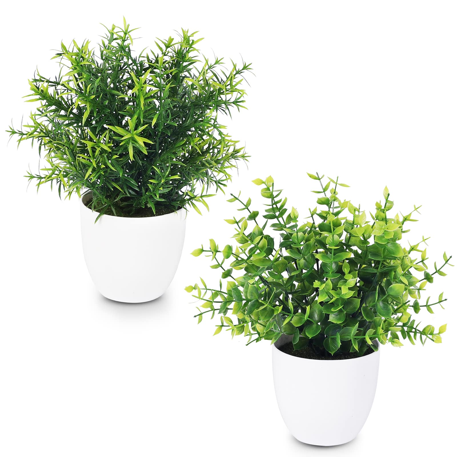 Whonline 2pcs Small Fake Plants, Mini Artificial Potted Plants, Faux Plants with Plastic Eucalyptus and Rosemary Leaves for Bathroom Shelf Home Table Desk Office Greenery Decorations