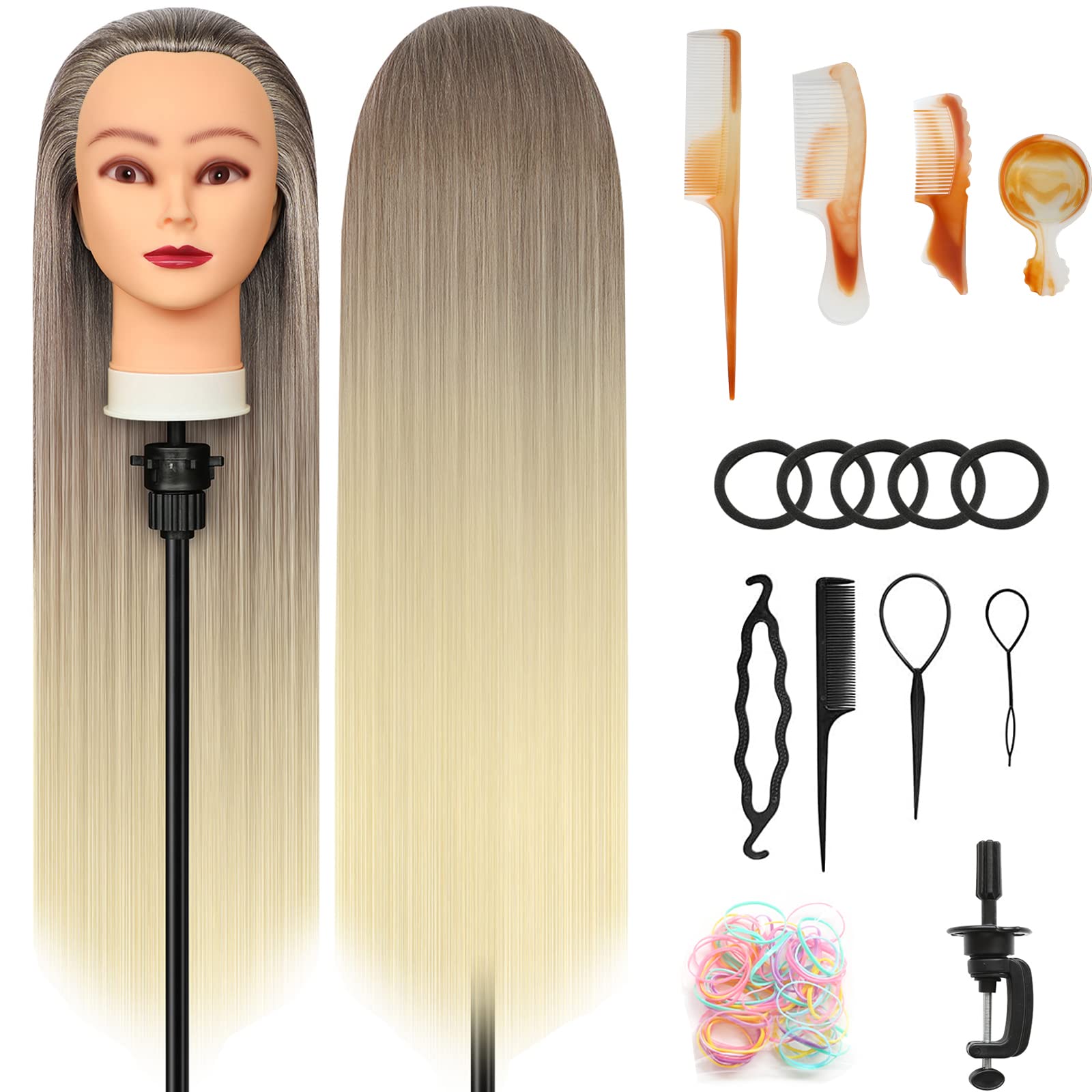 Styling Head 28 inch Training Head 100% Synthetic Fibres Hairdressing Head Hairdresser Training Heads with Free Clamp and DIY Braiding Set (Golden)