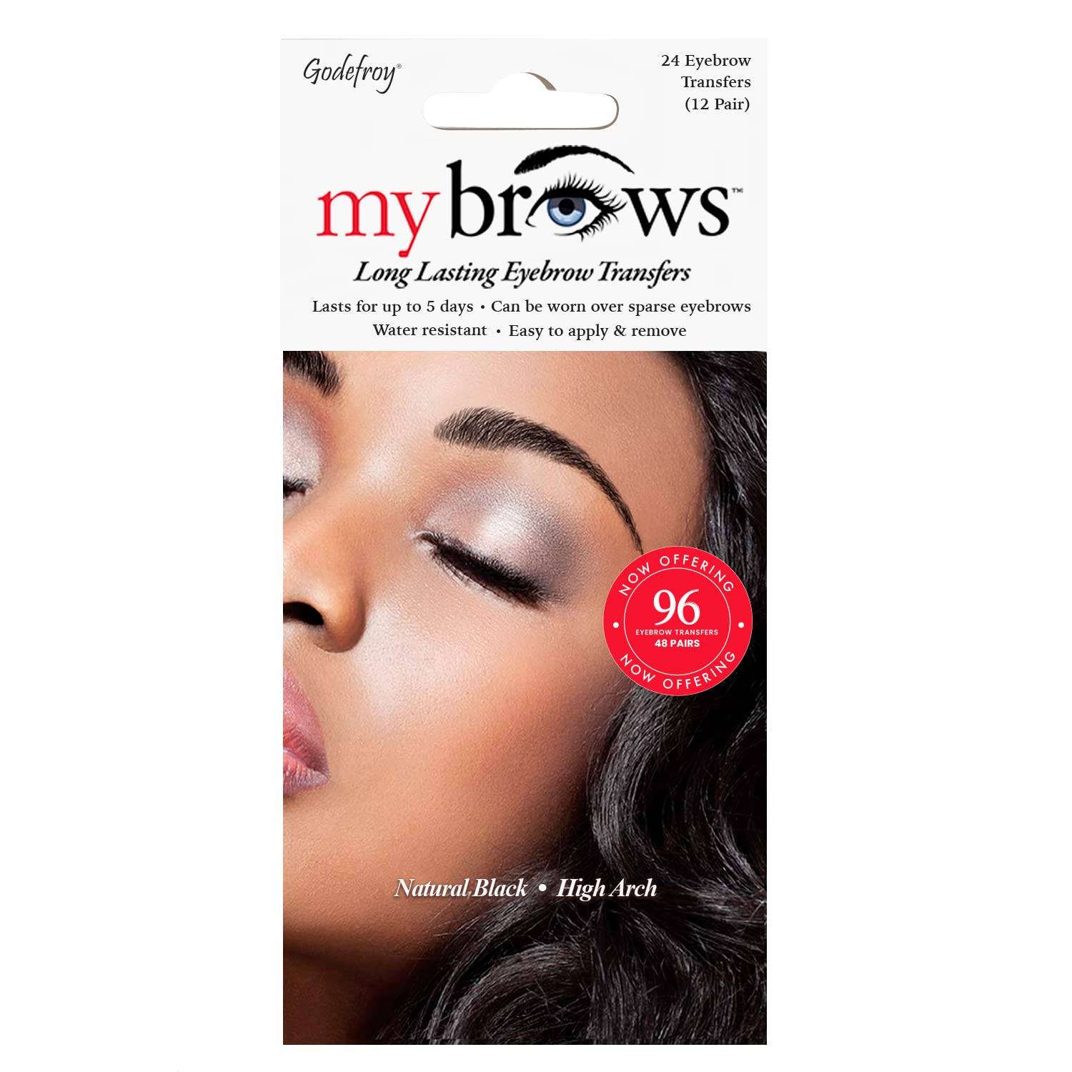 Godefroy MyBrows Long Lasting Eyebrow Transfers, High Arch, Natural Black, 48-Pairs of Brows (96 Individual transfers)