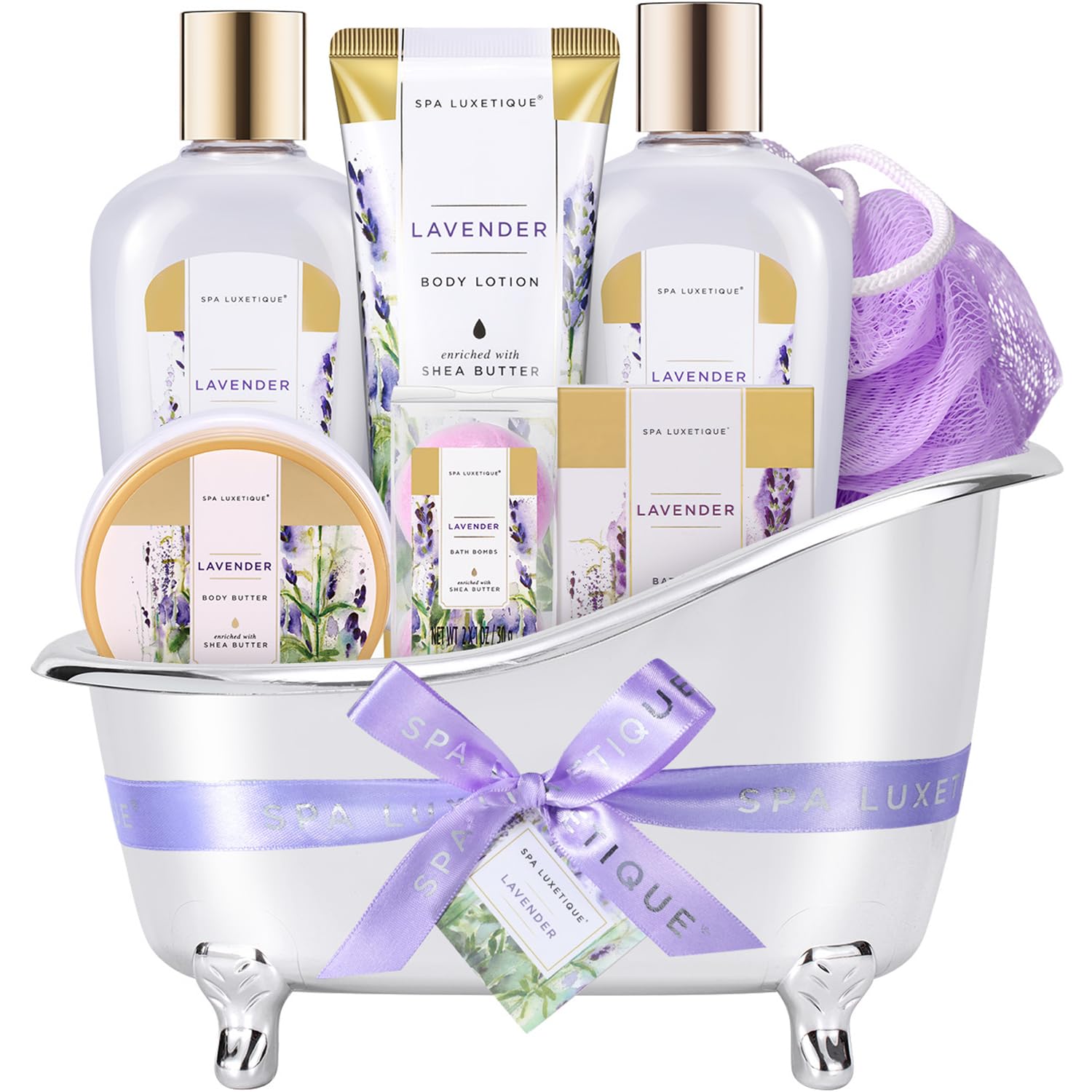 Spa Luxetique Spa Gift Basket Lavender Fragrance, Luxurious 8pc Gift Baskets for Women, Cute Bath Tub Holder - Best Holiday Gift Set for Women Includes Shower Gel, Bubble Bath, Body Butter & More.