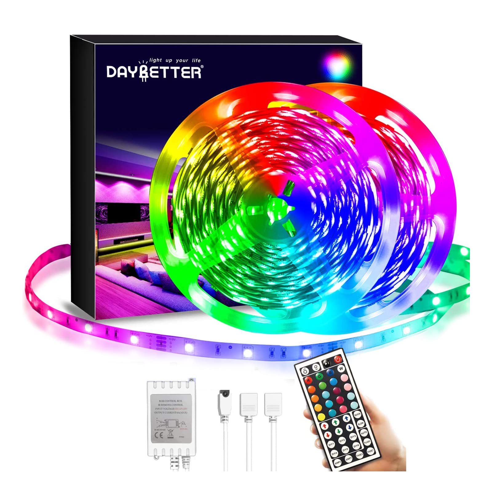 DAYBETTER Led Strip Lights 40ft, RGB Color Changing Led Strips with 44 Keys Remote Control for Room, Bedroom, Suitable for Home Decor, Living Room, Kitchen, Home Party Decoration, 12V