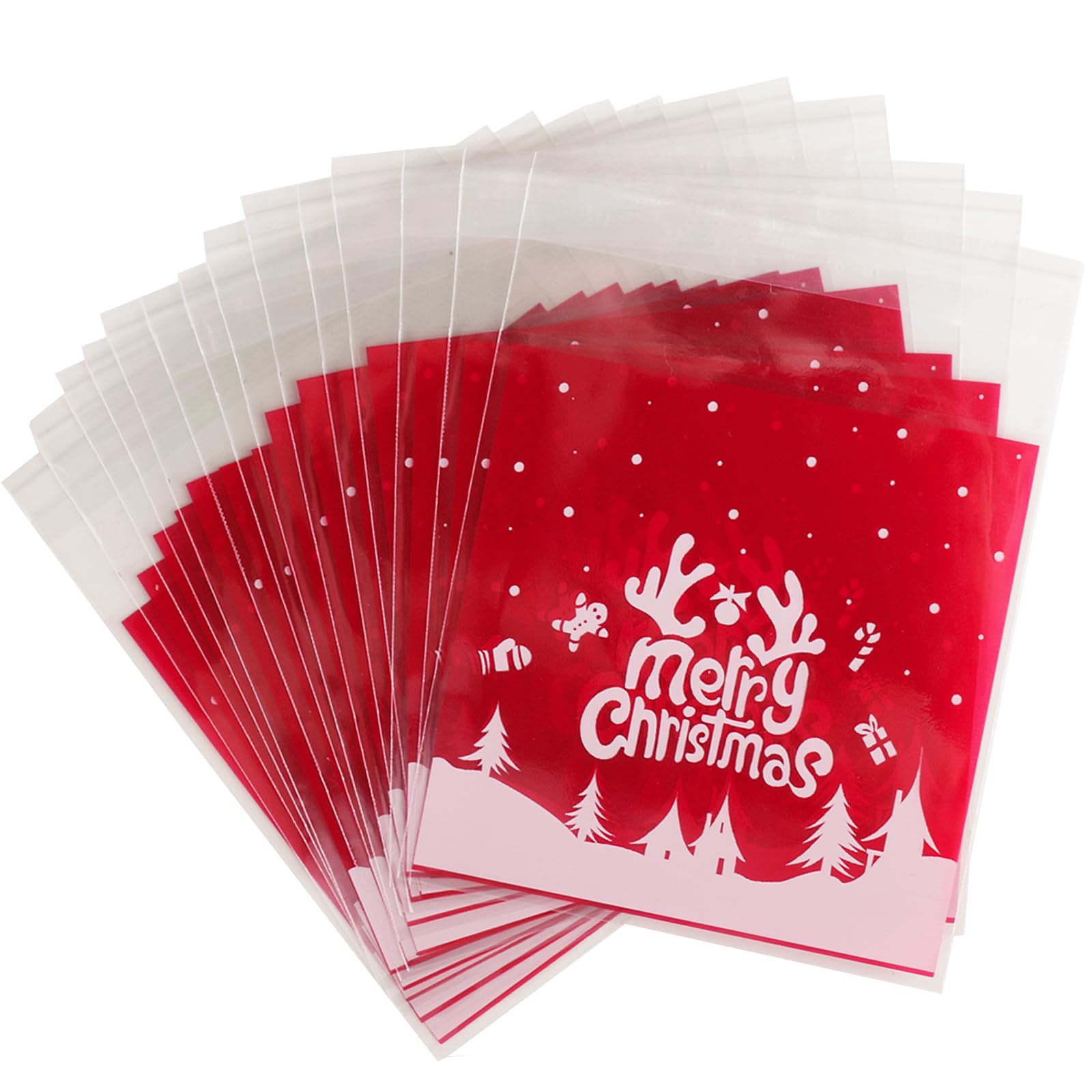 100pcs Christmas Cellophane Treat Bags Sweet Cookie Bags Small Self Seal Xmas Cellophane Bags Empty (Merry Christmas)